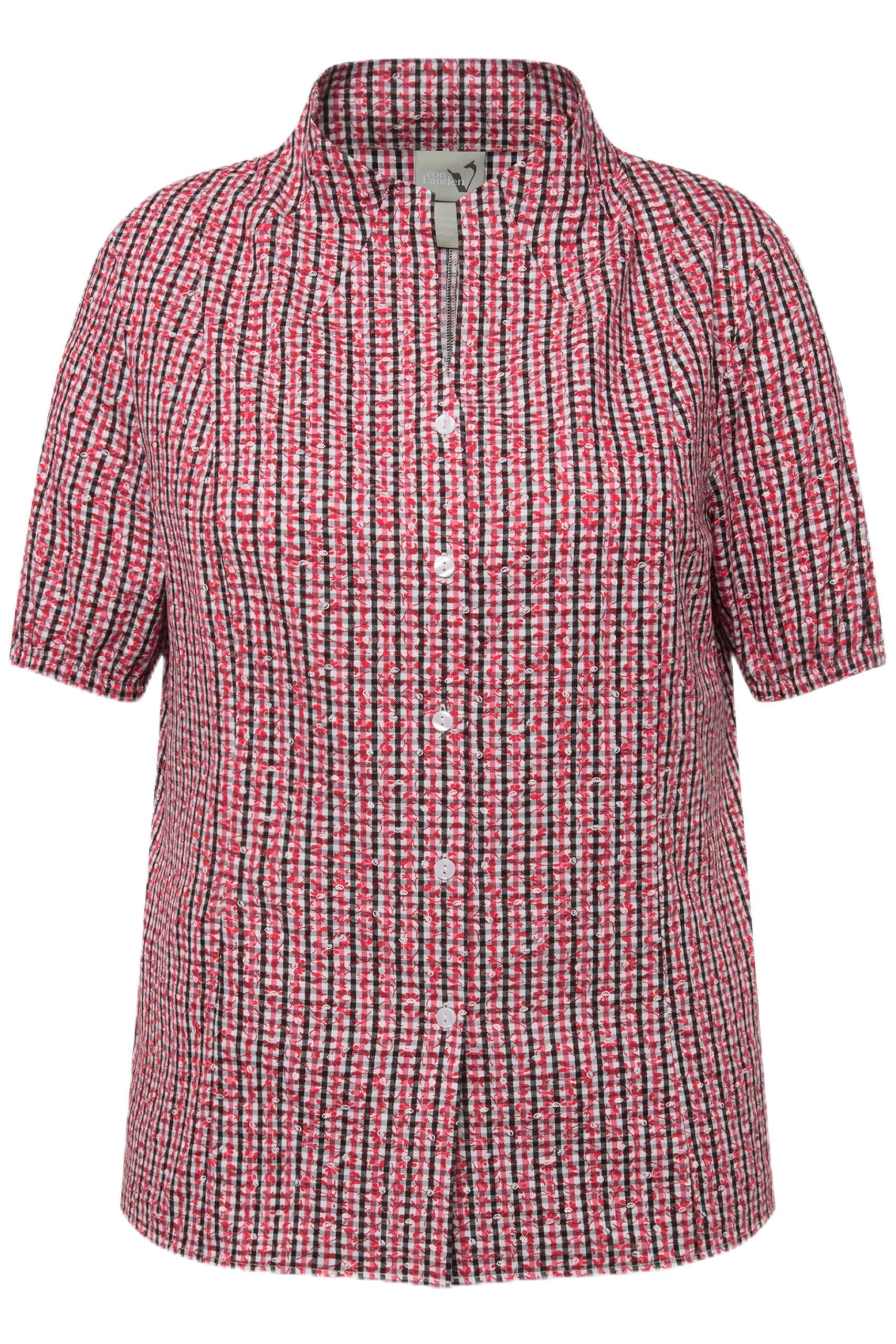 Ulla Popken Damen große Größen Übergrößen Plus Size Trachtenbluse, Karo, Kelchkragen, V-Ausschnitt, Halbarm 829425
