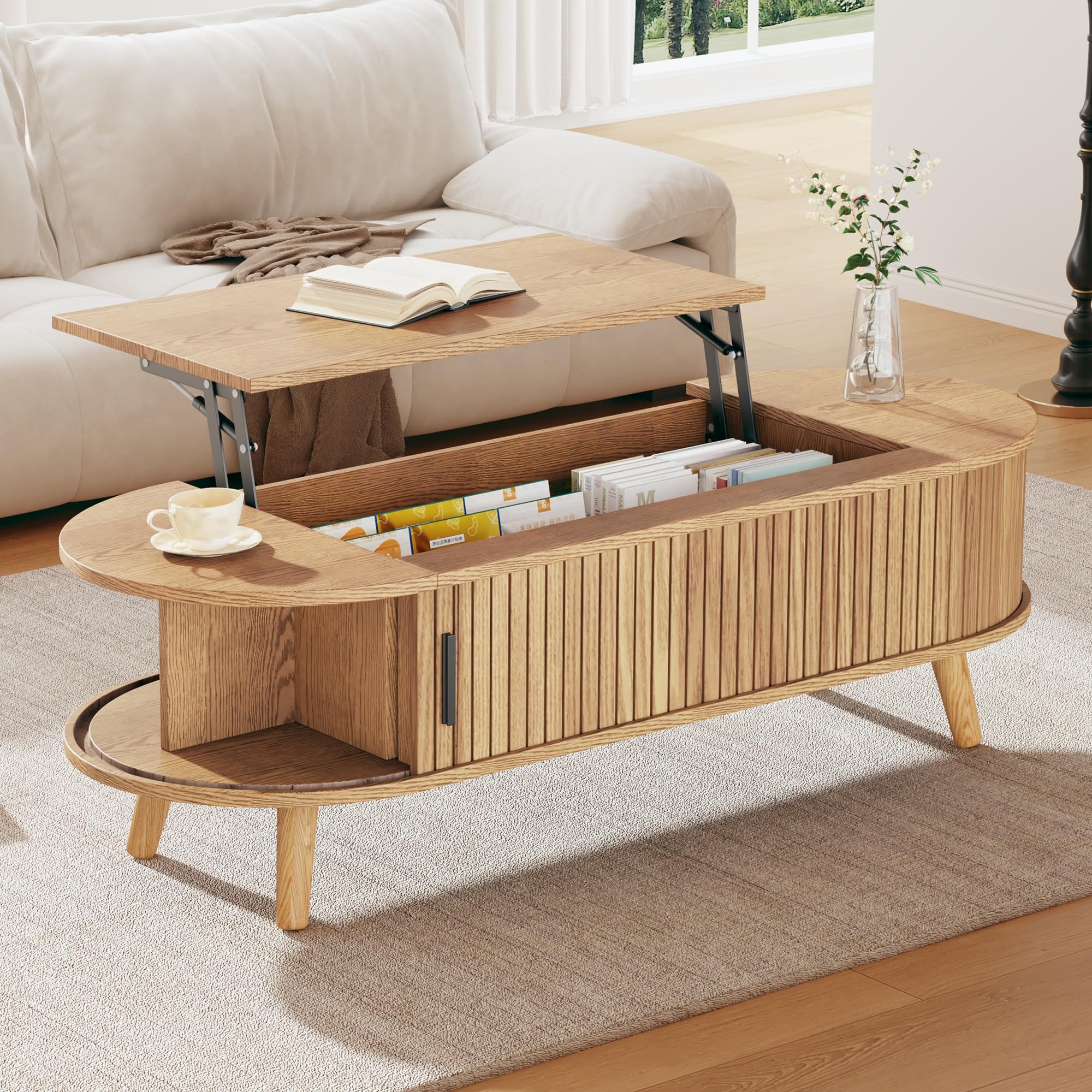Merax Lift-Up Oval Coffee Table with Hidden Storage, Adjustable Height Sofa Side Table, End Table for Living Room, Bedroom, Reception, Natural Wood, 120x50x39.5cm