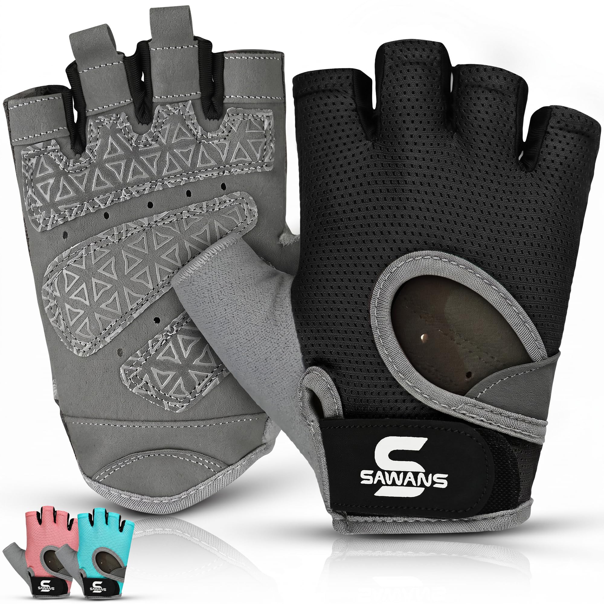 SAWANS Weight Lifting Gloves for Men & Women, Padded Gym Gloves with Wrist Wrap Support, Breathable Fingerless Workout Gloves for Weightlifting, Crossfit, Pull Ups, Training & Cycling
