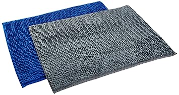 Amazon Brand - Solimo Anti-Slip Microfibre Loop Bathmat - 60 x 40 cm, Blue and Grey, Pack of 2