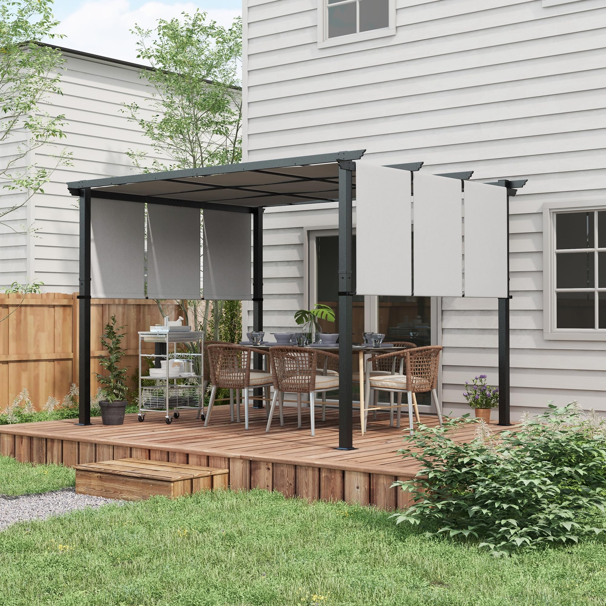 Outsunny Pergola ok. 3,5x3m Pawilon ogrodowy z regulowanym dachem, zadaszenie tarasowe, wolnostojący pawilon stalowy, ochrona przed słońcem na taras i do ogrodu, jasnoszary