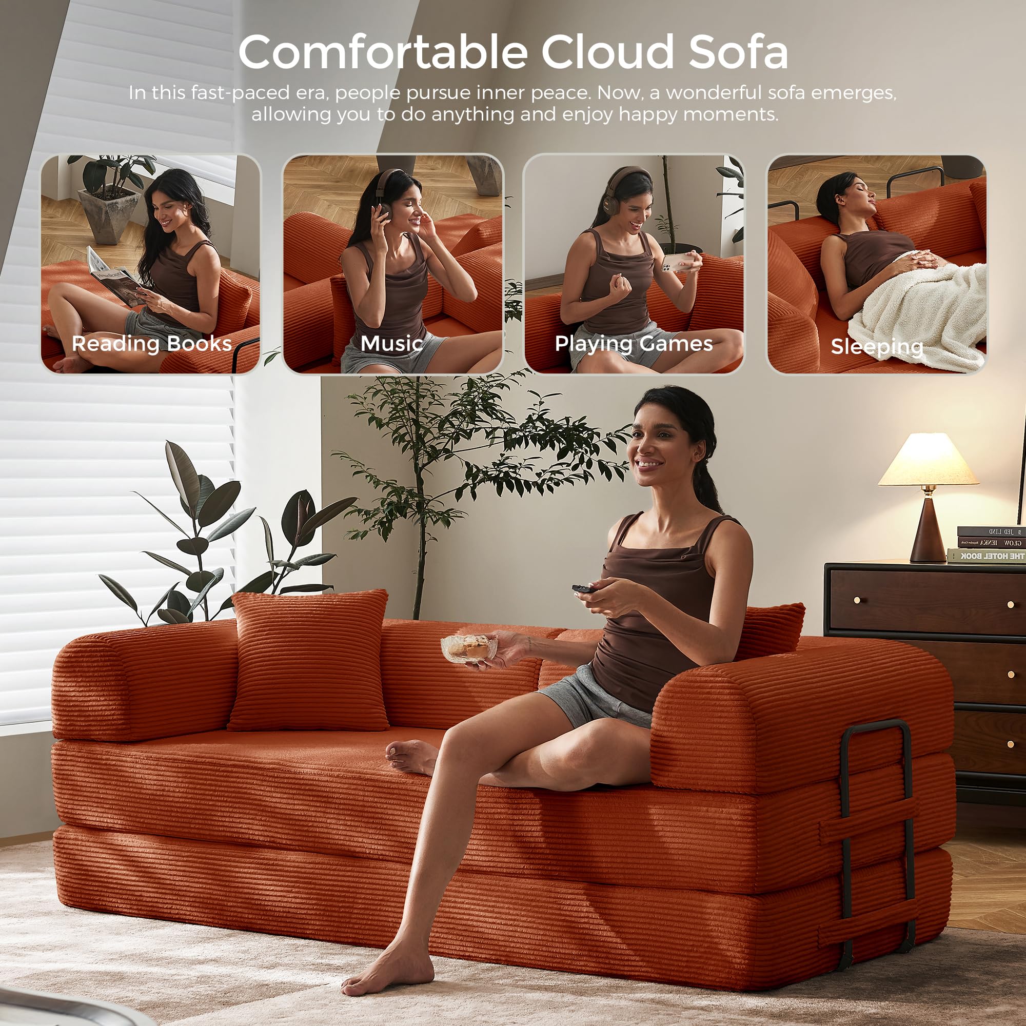 79" Convertible Futon Sofa Bed, Boneless Couch for Living Room | Orange | Folding Corduroy Boneless Sleeper Sofa, Modular Futon Couch with Fixed-Shape Frame, Pull Out Couch No Assembly