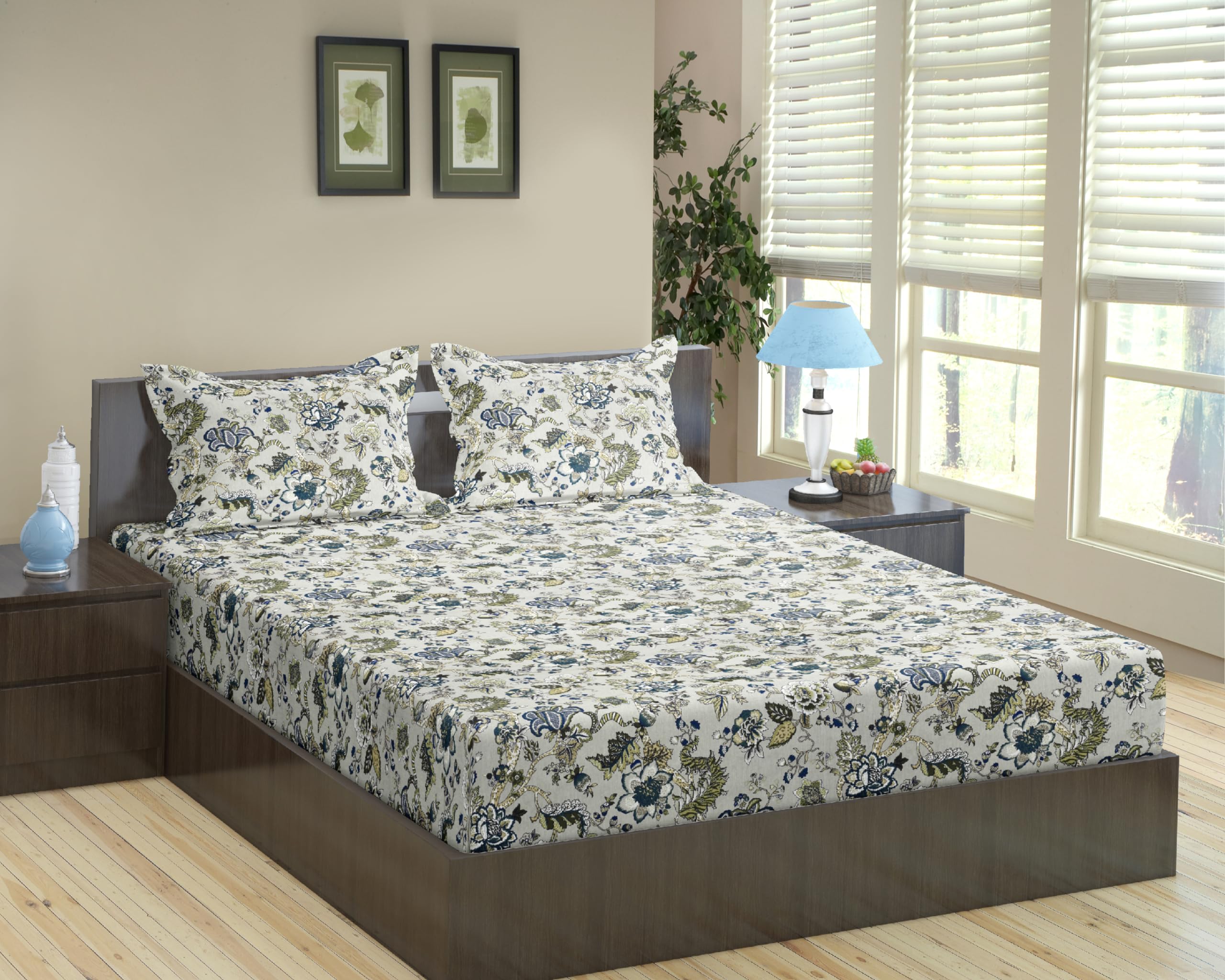 Trance Home Linen 144TC 100% Cotton 72"x60" Double Bed Size Elastic Fitted Bedsheet | Printed Double Size Bed Elasticated Fitted Bedspread with 2 Pillow Covers (72x60 inch, Malhaar Grey Blue) (B0B215JH8F) Amazon Price History, Amazon Price Tracker