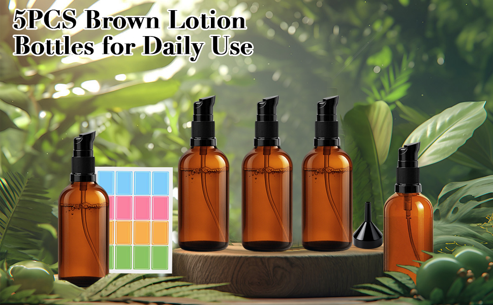 Maxumille 5 Stuks Lege Bruine Glazen Flessen met Pomp, 100ml Amberglas Lotionflessen met Trechter & Stickers, Herbruikbare Amberkleurige Glazen Pompflessen voor Lotions, Aromatherapie Etherische Oliën