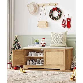 Fluted Shoe Storage Bench with Cushion, 3-Tier Entryway Bench with Adjustable Shelves and Open Bottom Shelf, Hidden Shoe Organizer Cabinet, for Hallway, Living Room, Bedroom, Natural Oak