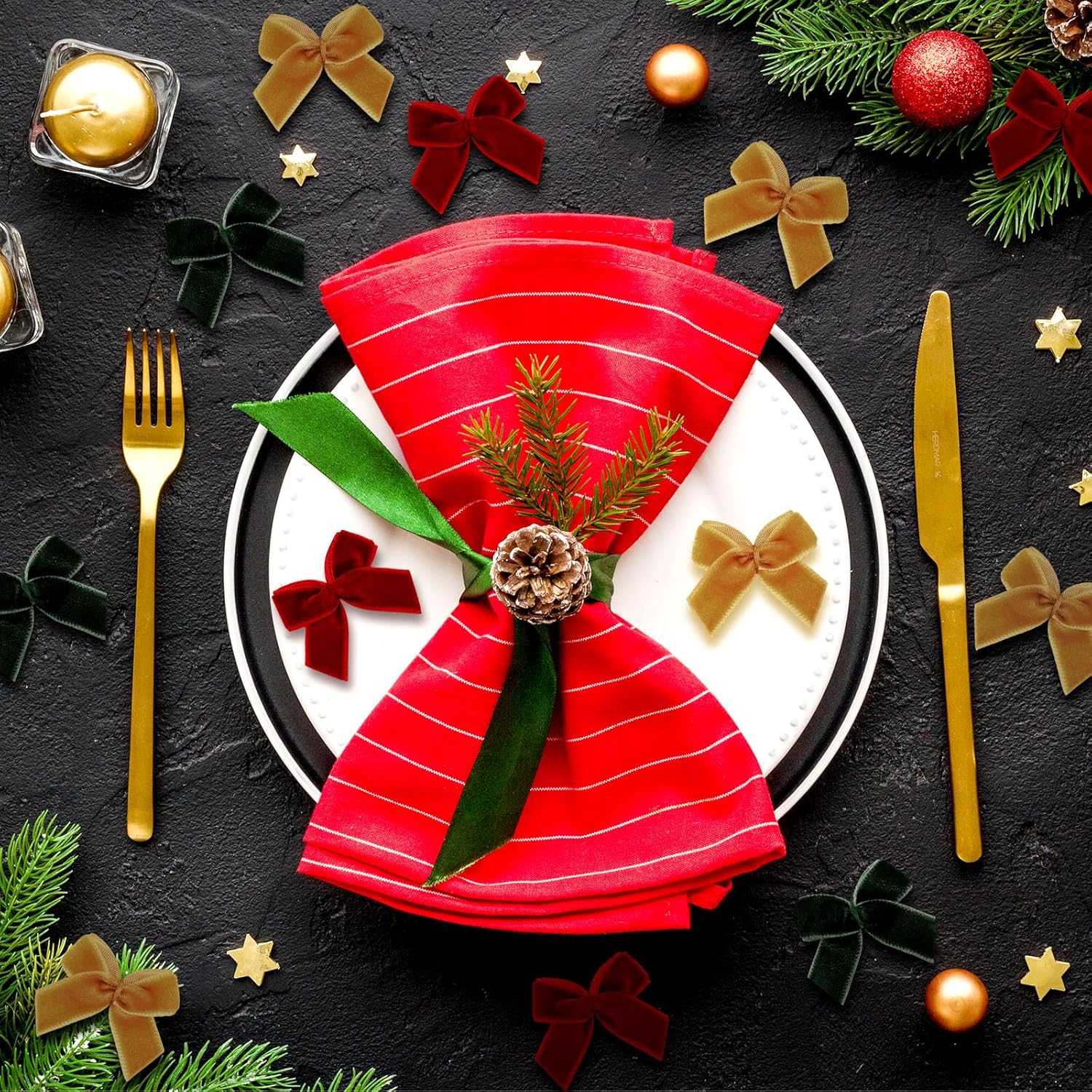 Waydress 120 Pcs Tiny Mini Christmas Velvet Bows for Crafts Xmas Twist Tie Bows Ribbon Bowknot Christmas DIY Craft Sewing Scrapbooking Gift Wrapping(Burgundy Red, Gold, Moss Green,1 Inch) - Image 4