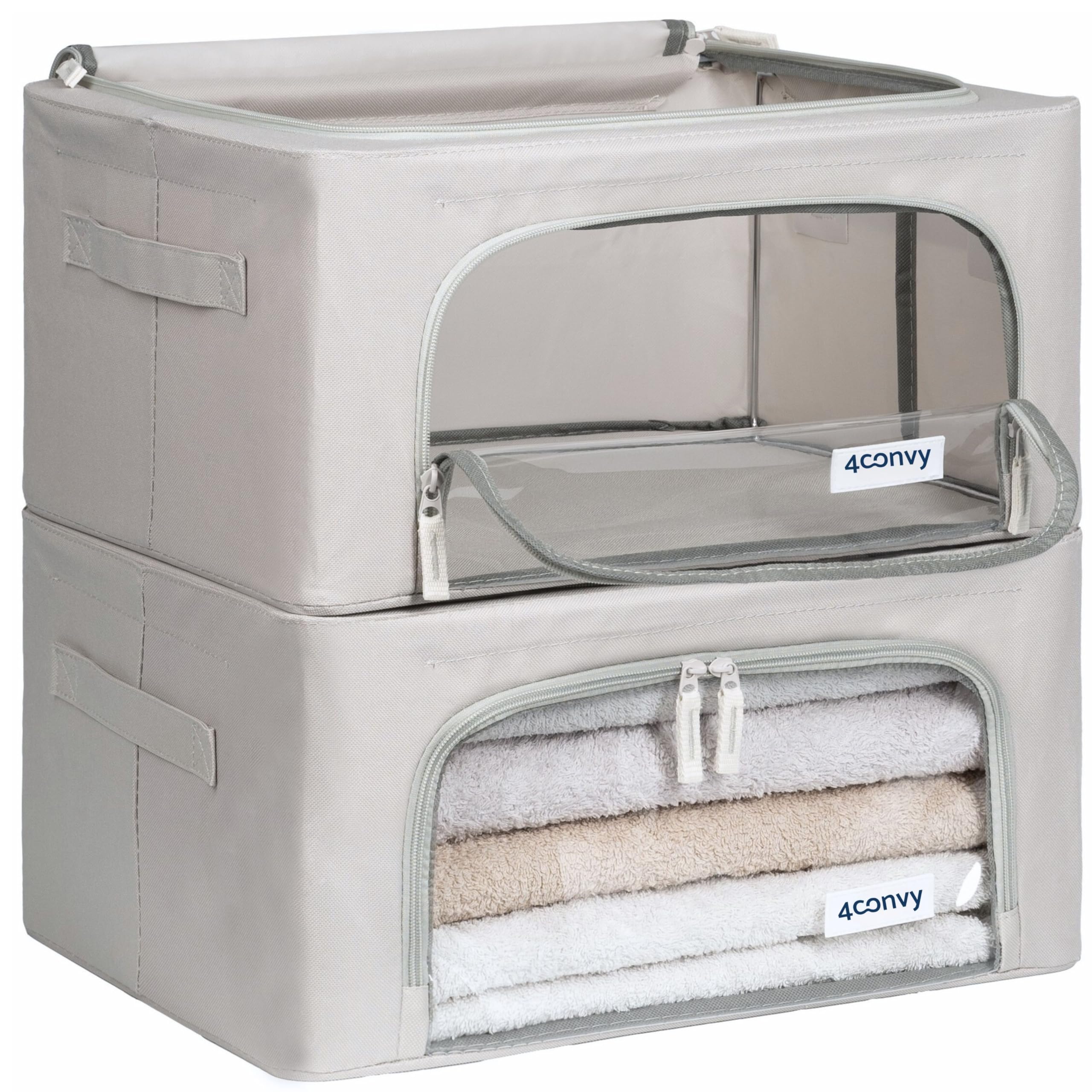 4CONVY Cajas de Almacenaje de Ropa para Armario con Cremallera, Marco de Metal - [2024 MATERIAL MEJORADO] Almacenaje de Ropa Estable - Bolsa para Guardar Ropa, Mantas - Cajas Apilables - 2x24L