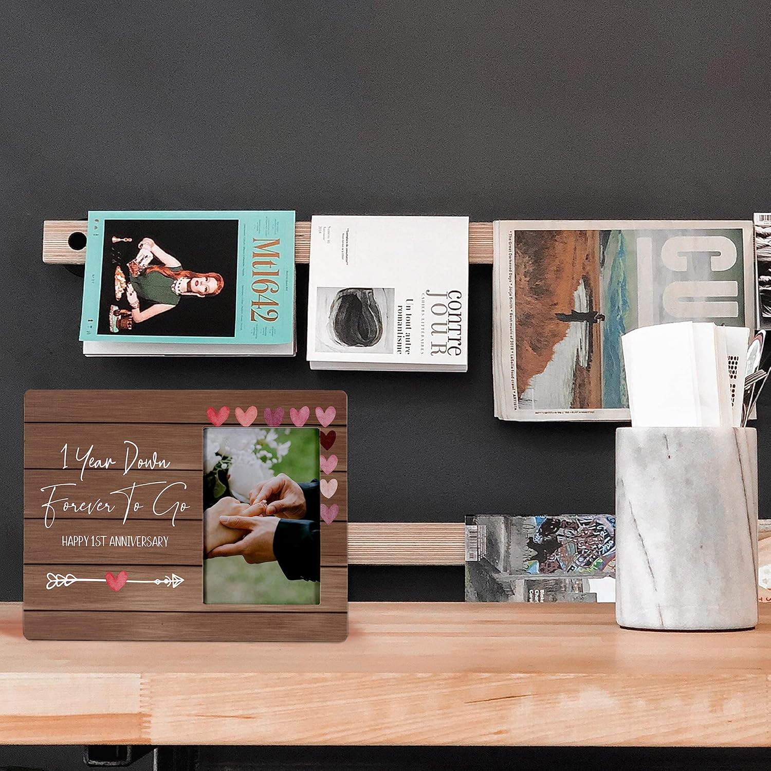 FONDCANYON Happy 1st Anniversary Picture Photo Frame,1 Year Down Forever to Go Picture Frames for Couple,Anniversary Valentine Gifts for Husband Wife Him Her Girlfriend Boyfriend (4x6 Inch Photo) - Image 2