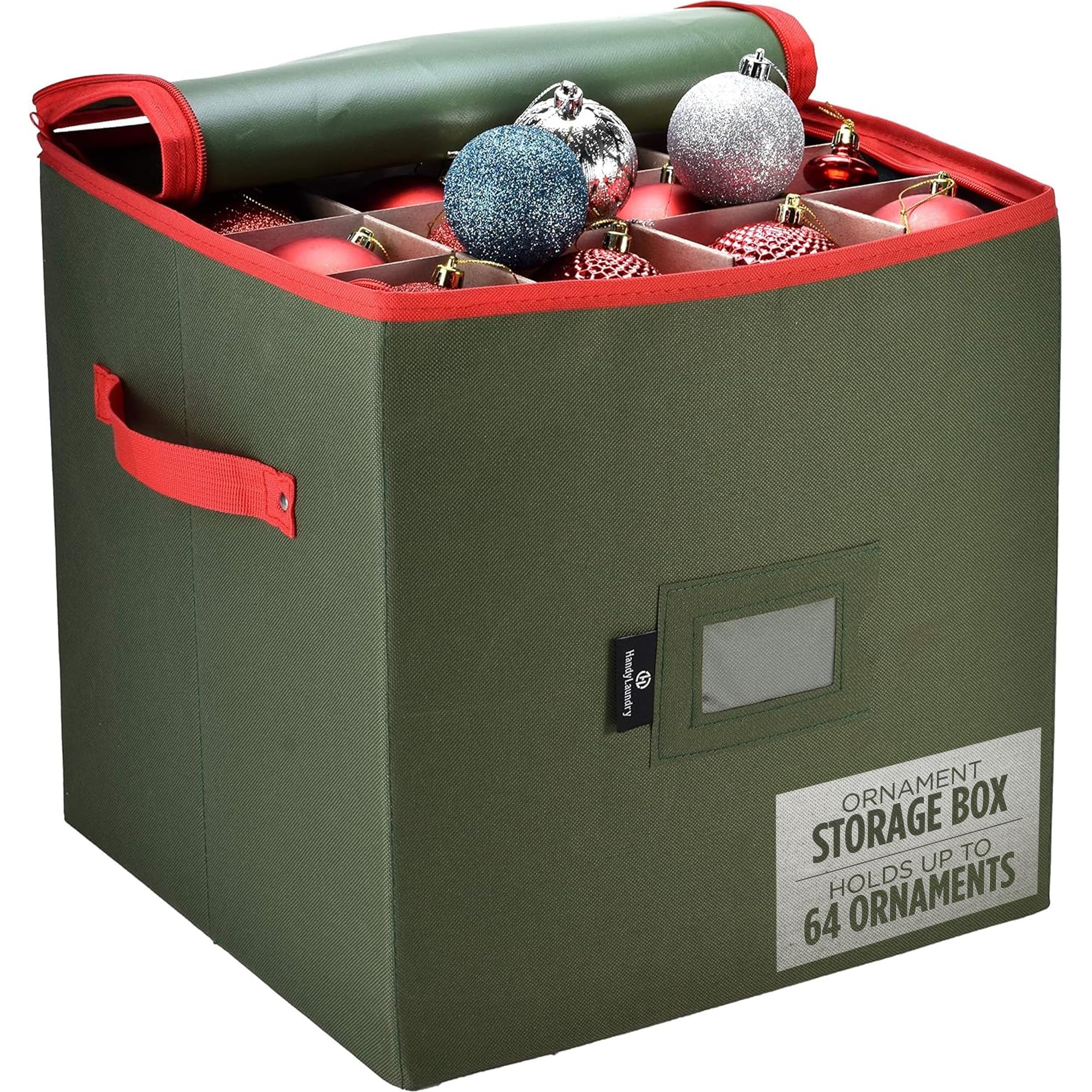Handy Laundry, Christmas Ornament Storage, Stores up to 64 Holiday Ornament, Adjustable Dividers, Zippered Top, Two Handles Attractive Storage Box Keeps Decorations Clean & Dry for Next Season, Green