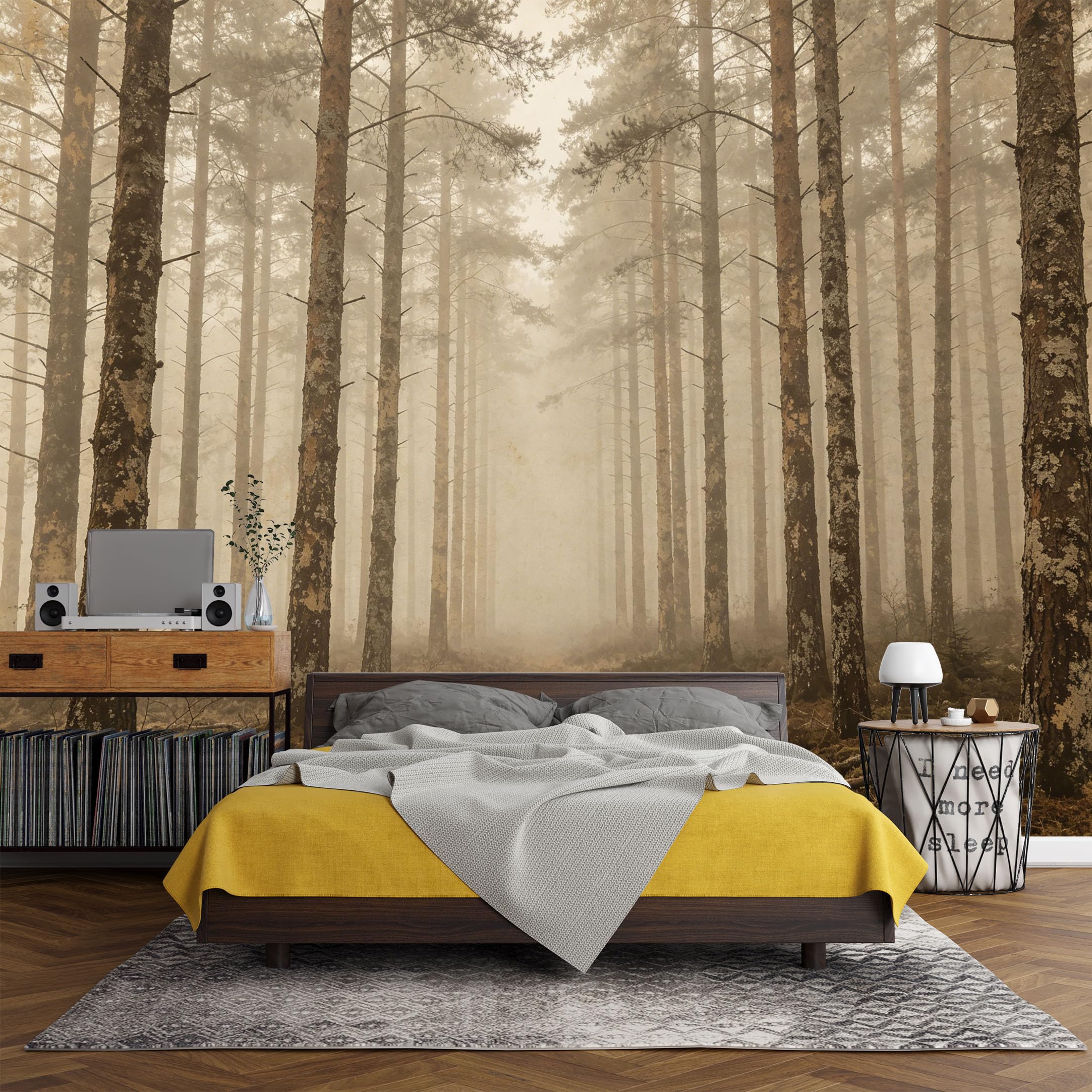 Custom Size Wall Mural Misty Pine Forest Landscape Sepia Vintage Tree Photography SelfAdhesive Art Prints wall Fabric (No PVC) Removable Wallpaper Living Room Decor