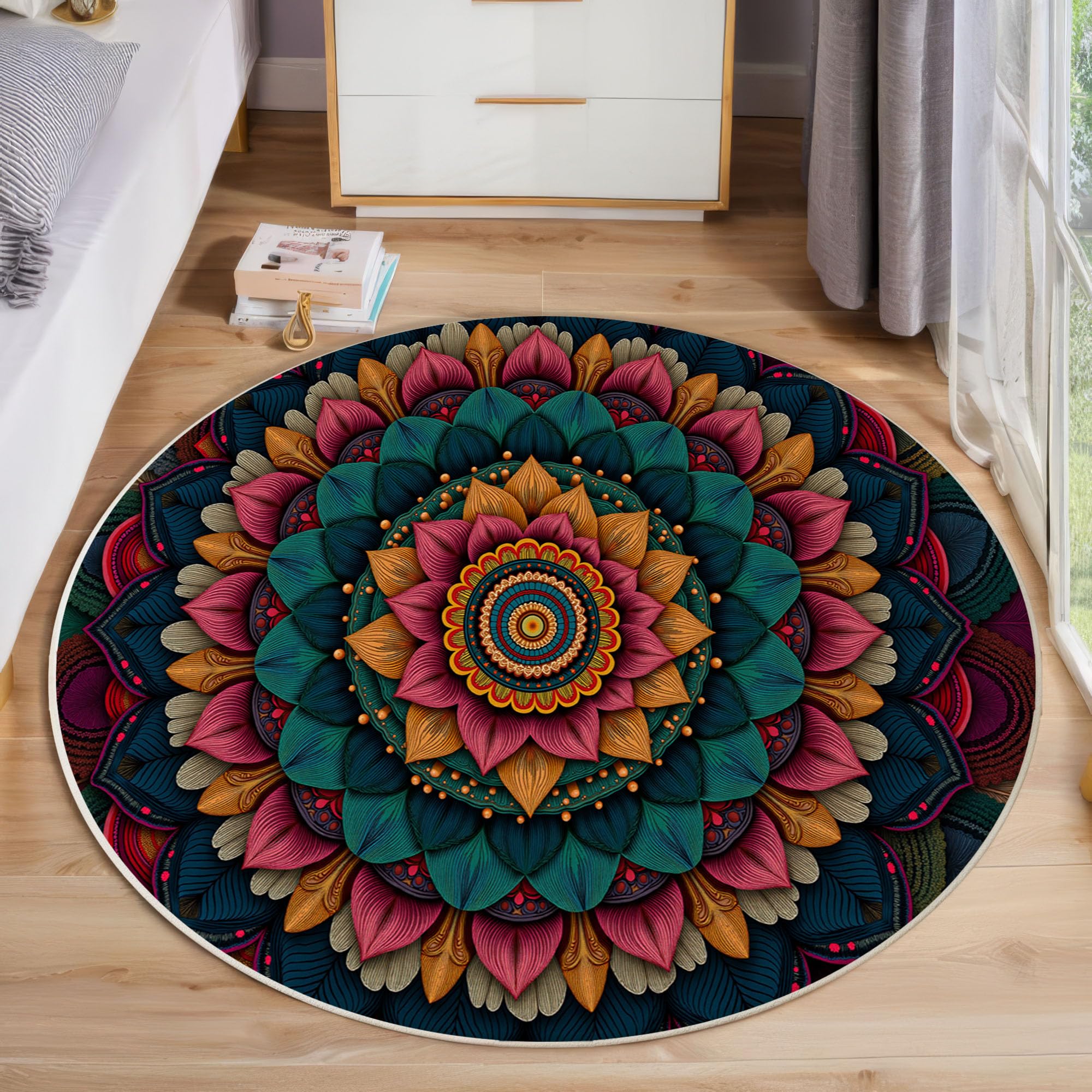Rond Tapis pour Enfants Chambre, Mysticisme Ethnique Mandala Décoration, Lavable Antidérapant, Salon Doux Pelucheux intérieur Sol Décoration Maison Tapis (Vert foncé, 100cm)