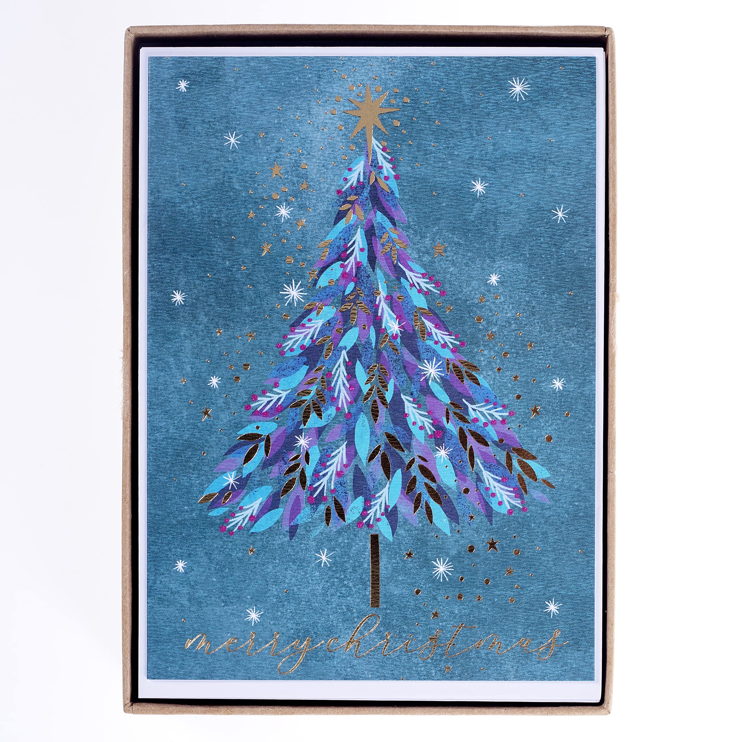 Graphique Merry Christmas Gold and Purple Tree Holiday Boxed Cards – 15 Cards, Includes Matching Envelopes and Storage Box, Cards Measure 4.75” x 6.625”