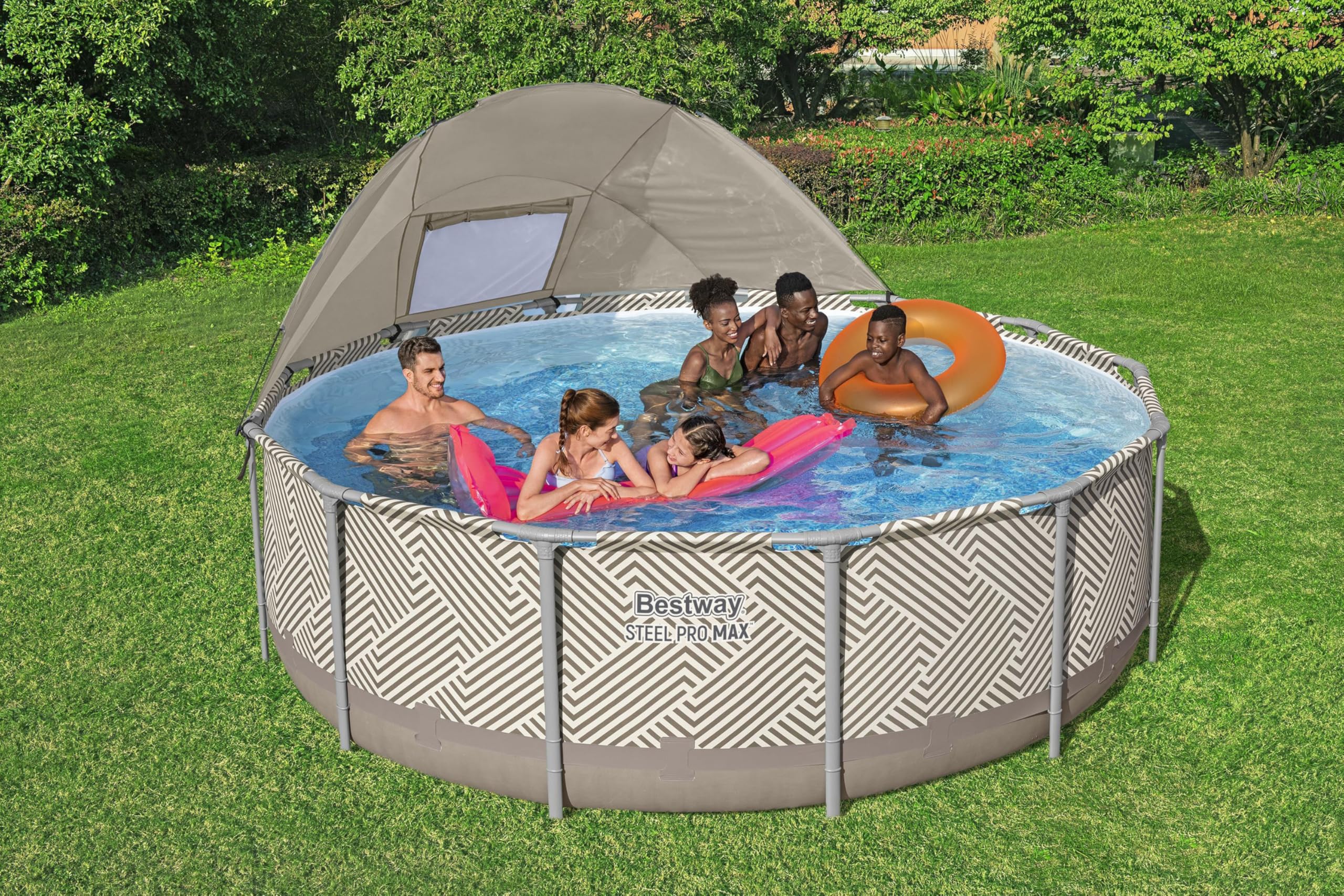 Bestway Steel Pro MAX Frame Pool Komplett-Set mit Filterpumpe Ø 396 x 107 cm, Op Art-Design, rund