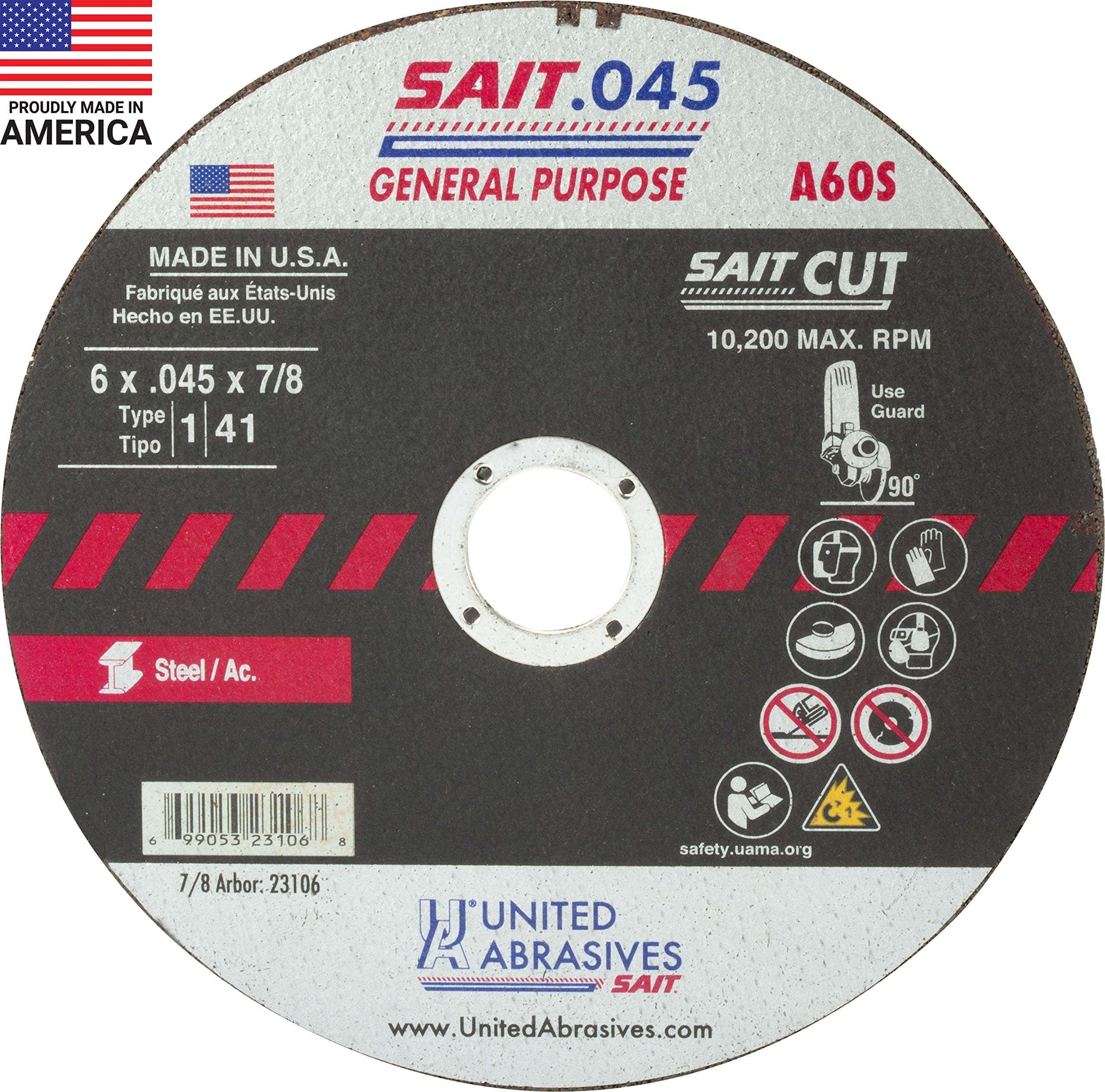 United Abrasives-SAIT 23106 A60S General Purpose Cut-Off Wheels (Type 1/Type 41 Flat) 6" x .045"x 7/8", 50-Pack