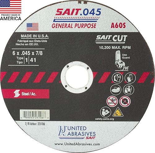United Abrasives-SAIT 23106 A60S Ruedas de corte de uso general tipo 1tipo 41 plano 6 x 045x 78 paquete de 50