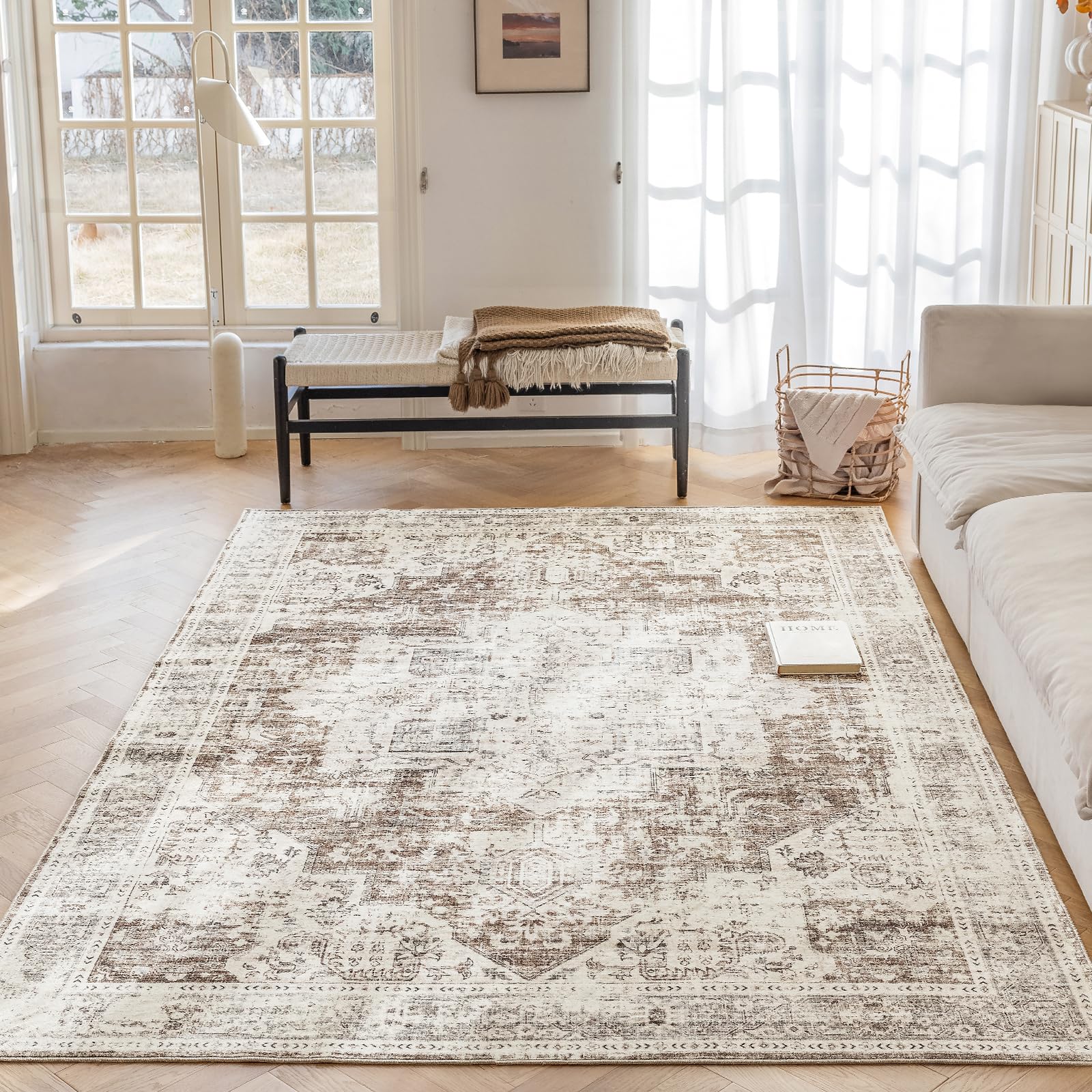 PURE ROMIE 6'x9' Area Rug - Vintage Persian Medallion Design Low-Pile Faux Wool Rug, Non-Slip Backing, Machine Washable, for Living Room, Dining Room, Bedroom (Cream/Taupe)