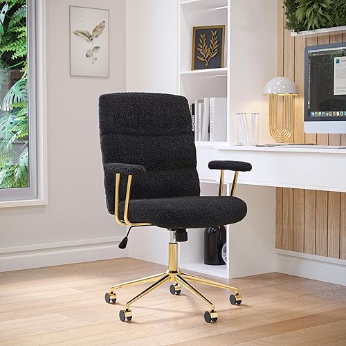 Miniatura 2 de Elegante silla de oficina negra y dorada con tela texturizada Boucle, moderna silla de escritorio con asiento acolchado, altura ajustable con base