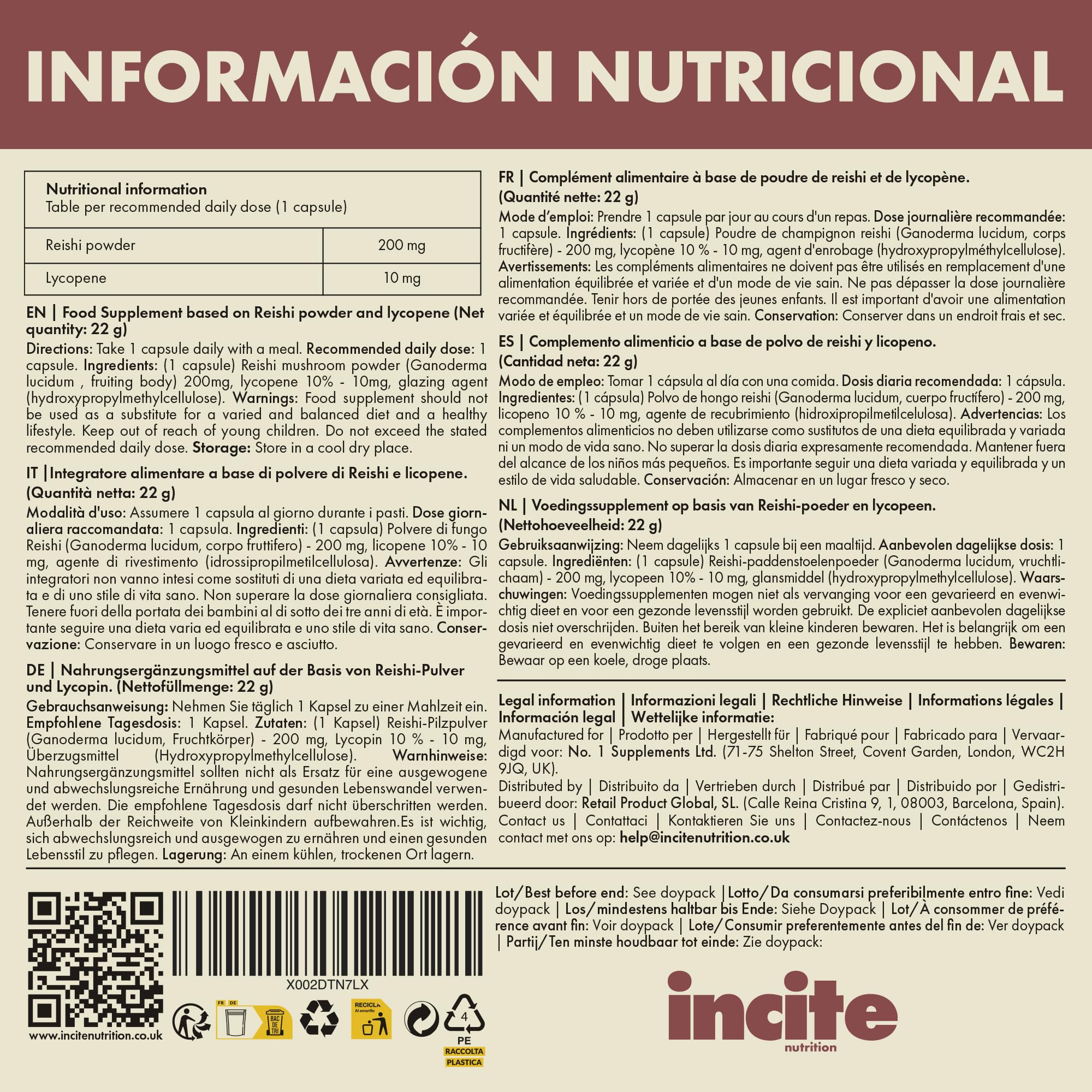 Incite Nutrition Reishi + Licopeno Complex – 60 cápsulas veganas | Apoyo inmunitario y antioxidante | Polvo de reishi (Ganoderma lucidum) y licopeno al 10% | Sin conservantes