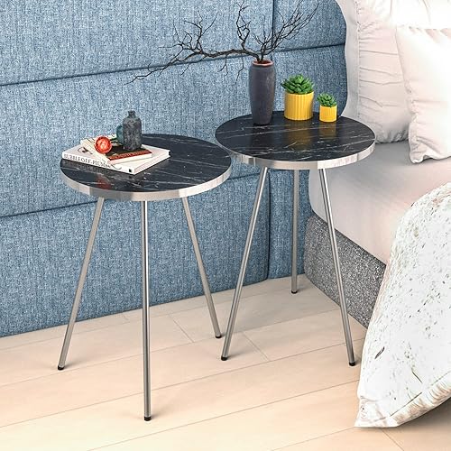 Juego de 2 mesas auxiliares redondas de madera con aspecto de mármol, mesa auxiliar anidable para espacios pequeños, mesita de noche para