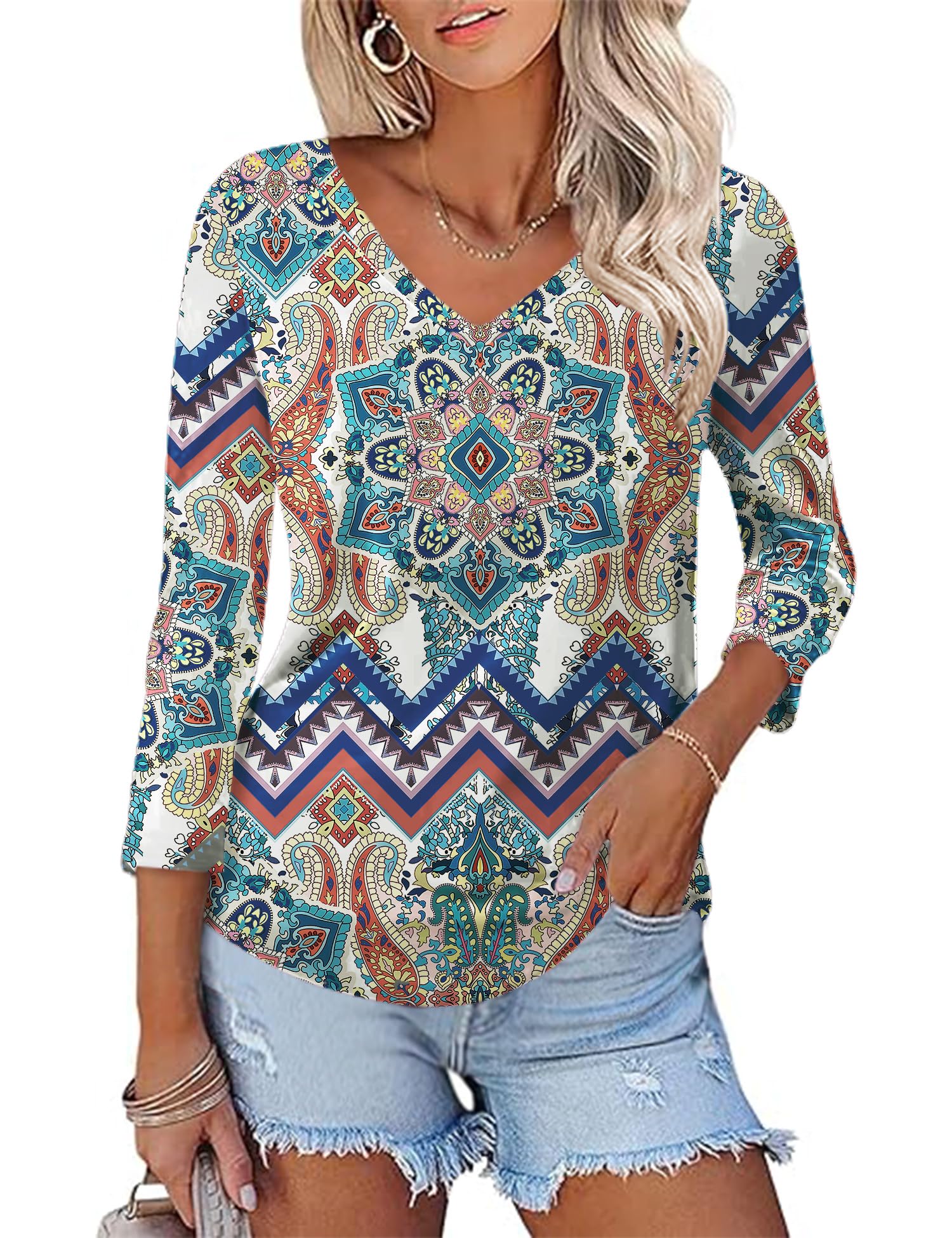 Rapbin Bluse Damen 3/4 Ärmel Langerm V-Ausschnitt Elegant Oberteile Locker Tops Sommer 2026 Tunika Lässig Blusen