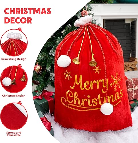 Miniatura 2 de JOYIN Bolsas de regalo grandes de Navidad de 31 x 27 pulgadas con cordón de cordón, saco rojo de Papá Noel para decoración de interiores de Navidad,