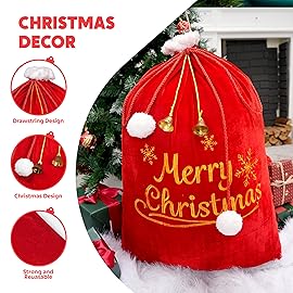 JOYIN Christmas Large Gift Bags 31 x 27 with Cord Drawstring, Red Santa Sack for Indoor Xmas Give Decoration, Large Velvet Santa Claus Bag Costume for present Dcor, Giant Presents Gifts Wrap