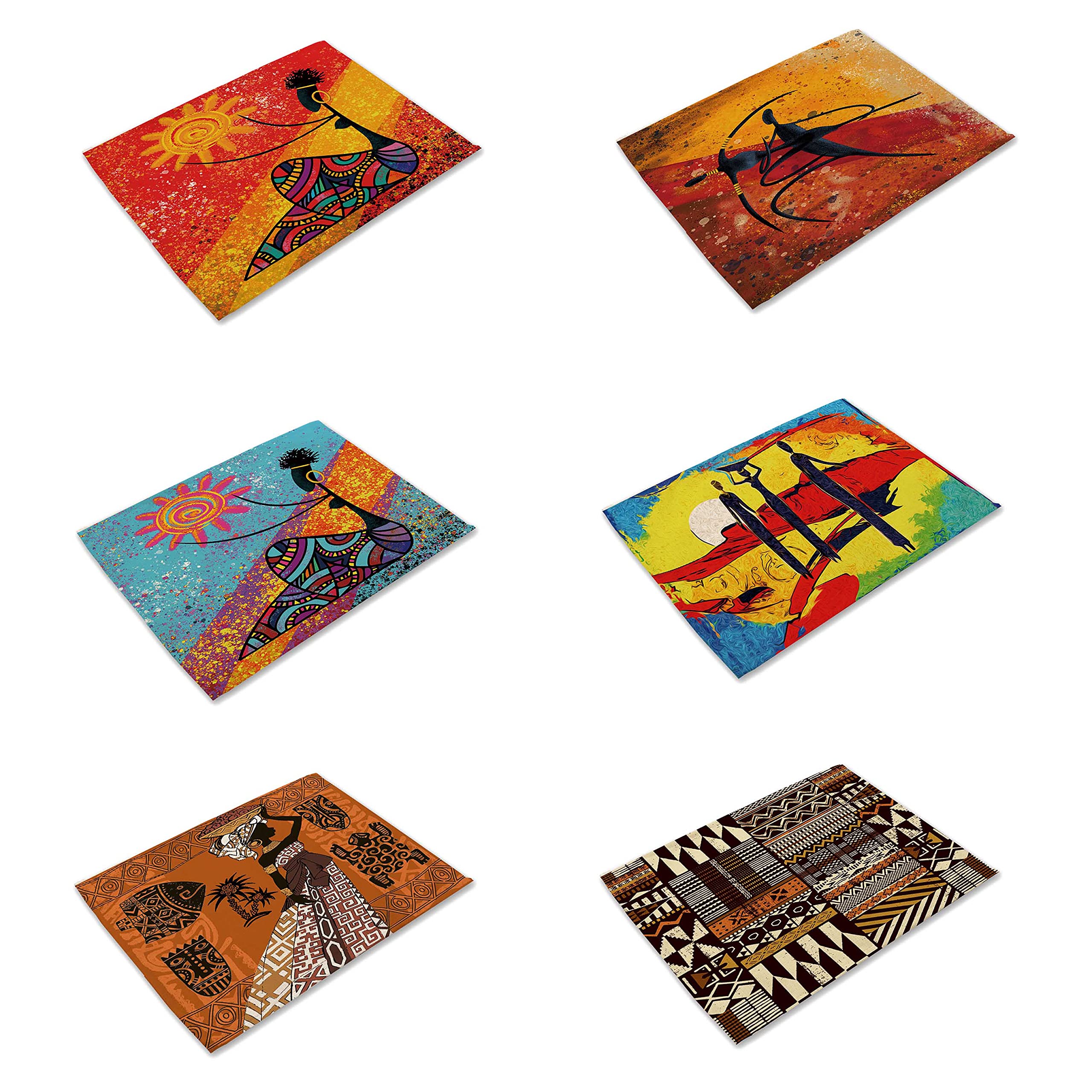 Jewelry-Box Set of 6 Abstract Theme Exotic Pattern Cotton Linen Placemats Non-Slip Heat Resistant Washable Dining Table Mats (1)