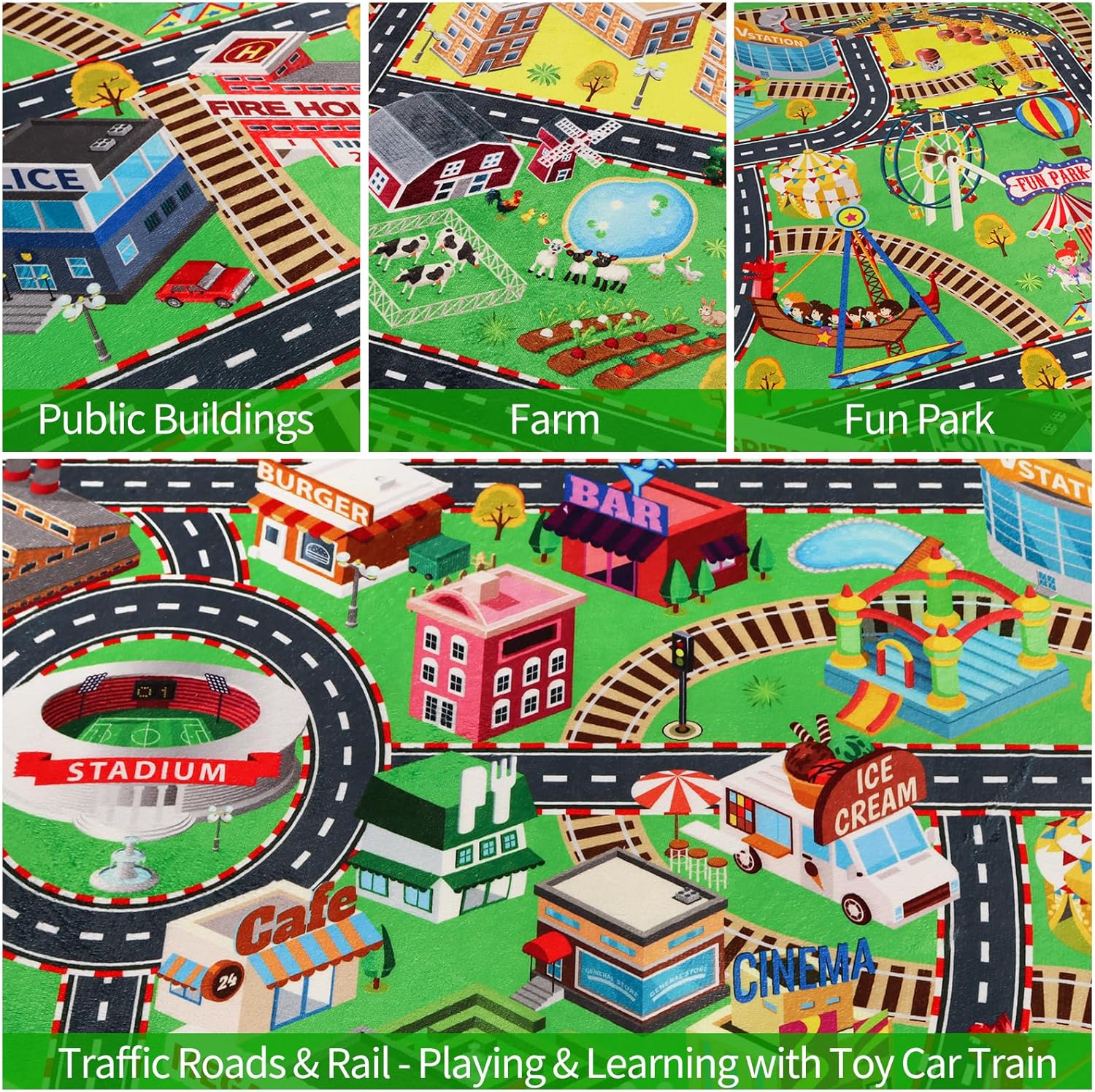 Kids Rug Play Mat for Toy Cars 3D City Life Road Traffic 59"×78.7" for Playroom Kids Car Road Rugs City Map Play Mat Non-Slip Washable Educational Car Rug for Toddler Boy Tummy Time Playtime