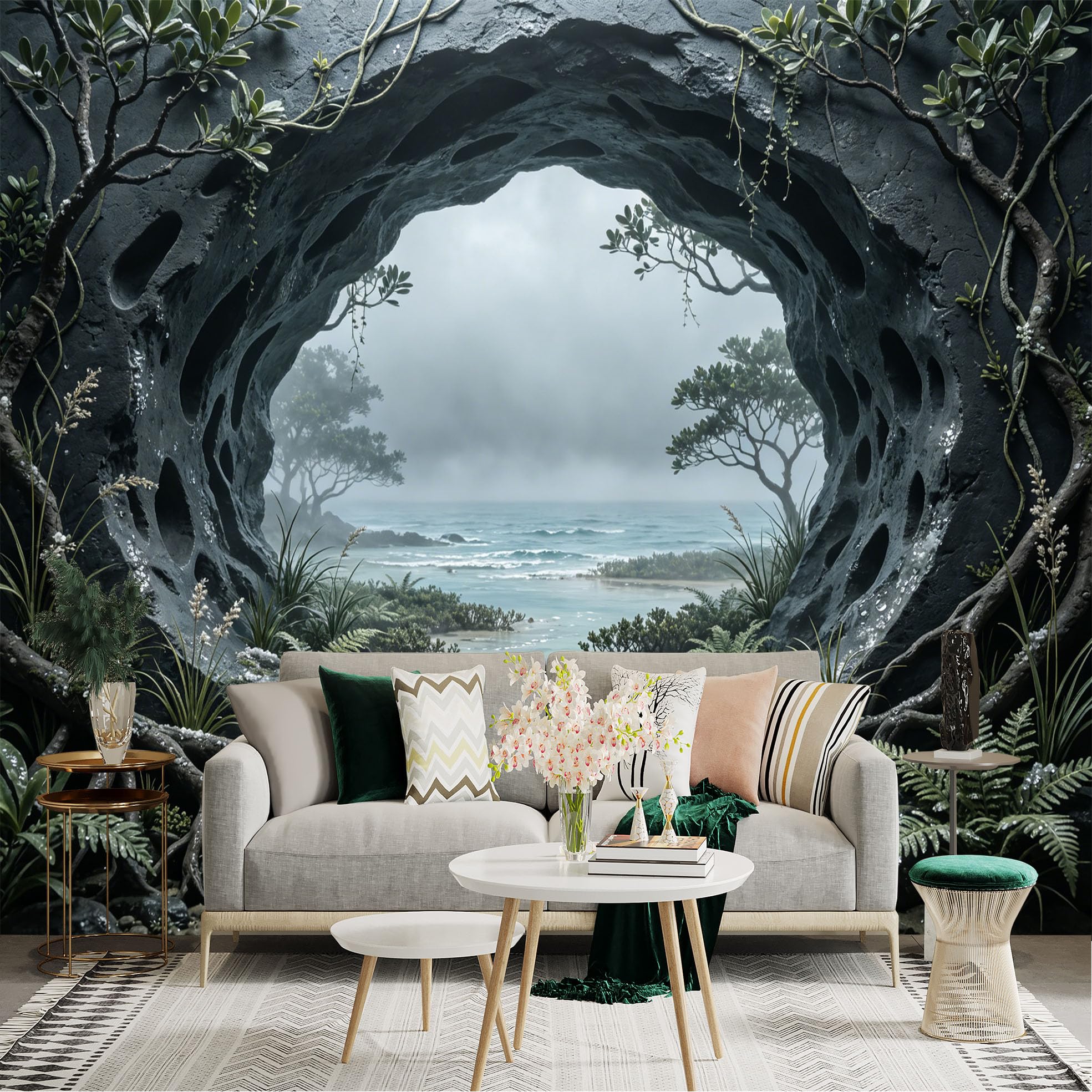 Custom Size Wall Sticker Mural， Ocean Cave with Rocks Roots and Misty Seascape， for wall Decoration， peelandstick wall Decals.