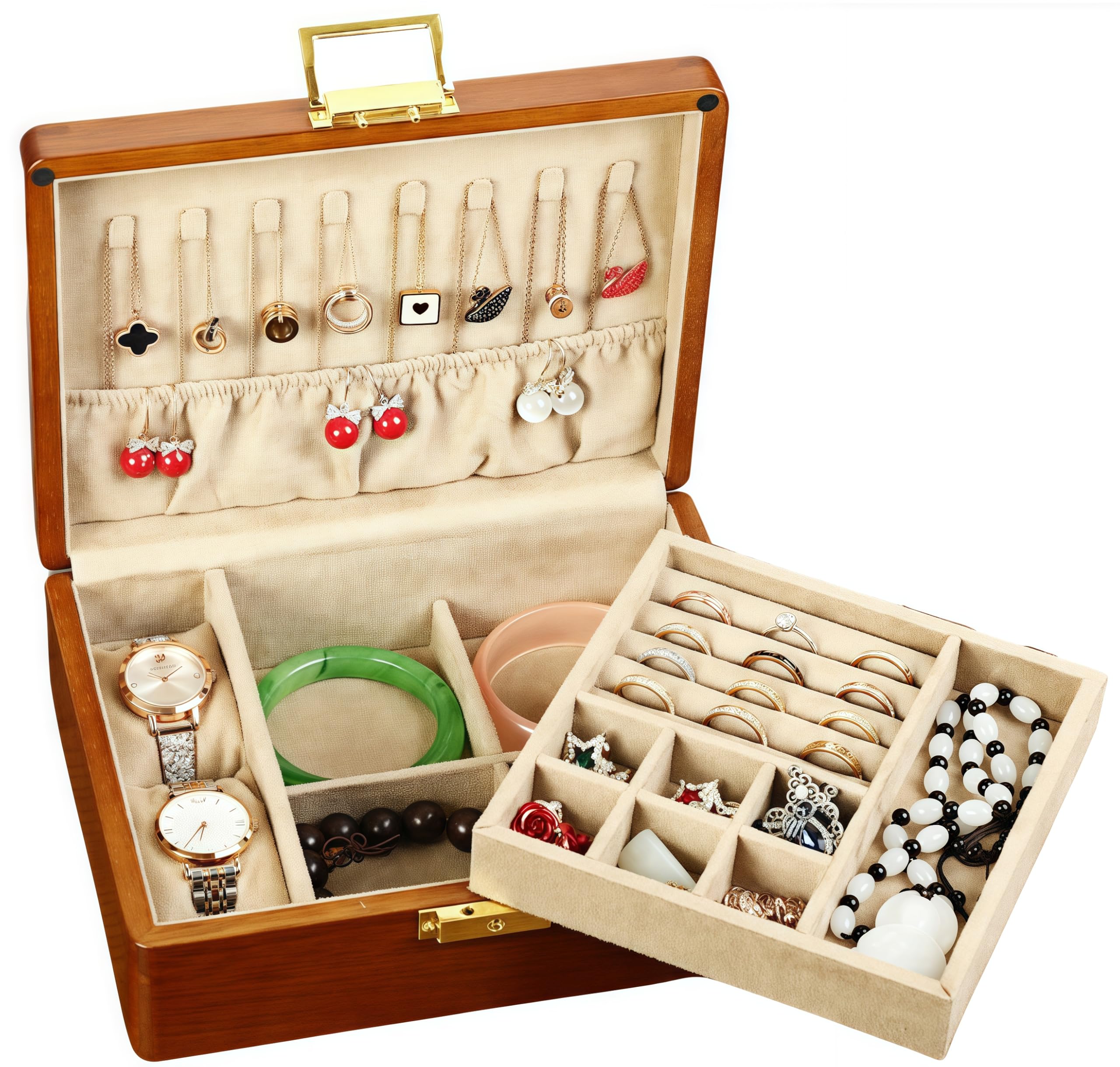 Pudełko na biżuterię z zamkiem, 2-poziomowe solidne drewno orzechowe vintage drewniany organizer na biżuterię dla kobiet mężczyzn aksamitna podszewka na kolczyki, pierścionki, naszyjniki,
