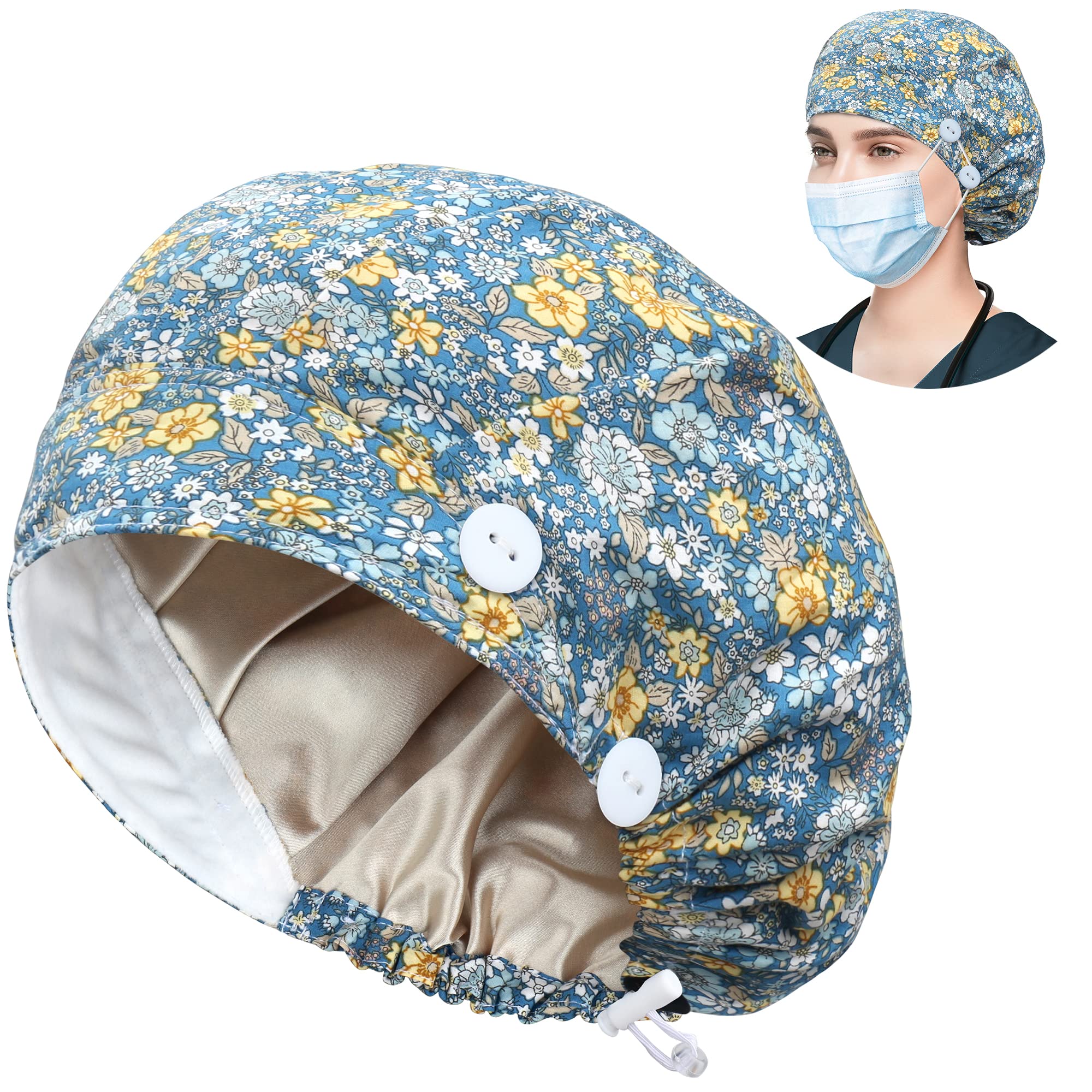 ABAMERICA Bouffant Caps with Button and Sweatband, Adjustable Scrub Caps for Women Men, One Size Multi Color