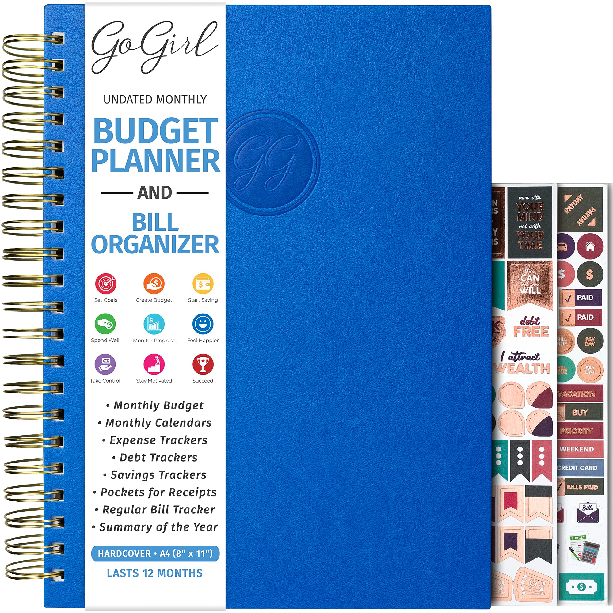 GoGirl Budget Planner & Monthly Bill Organizer – Monthly Financial Book with Pockets. Expense Tracker Notebook Journal, Large (Blue)