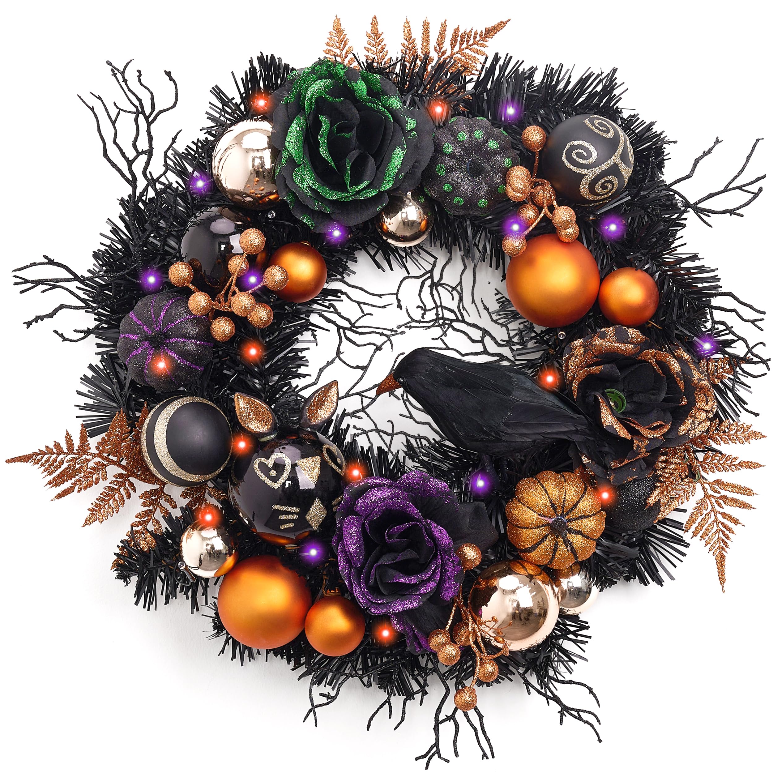 Valery Madelyn Corona de Halloween para puerta delantera con luces, corona de calabaza preiluminada de 24 pulgadas, decoración de Halloween para el hogar, porche, mesa, centro de mesa, ventana