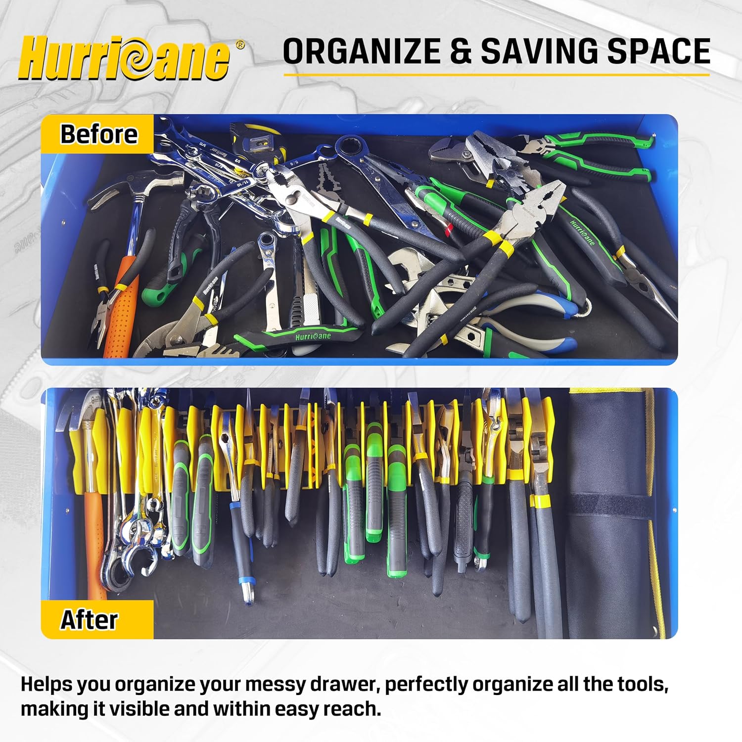 HURRICANE Pliers Organizer Rack, Pliers Cutters Organizer with Non-Slip Rubber Base, Keep Tools Organized in Drawers, 2 Pack, Extendable Design, Fit 3'H Drawers and More(Yellow and Blue) image 5