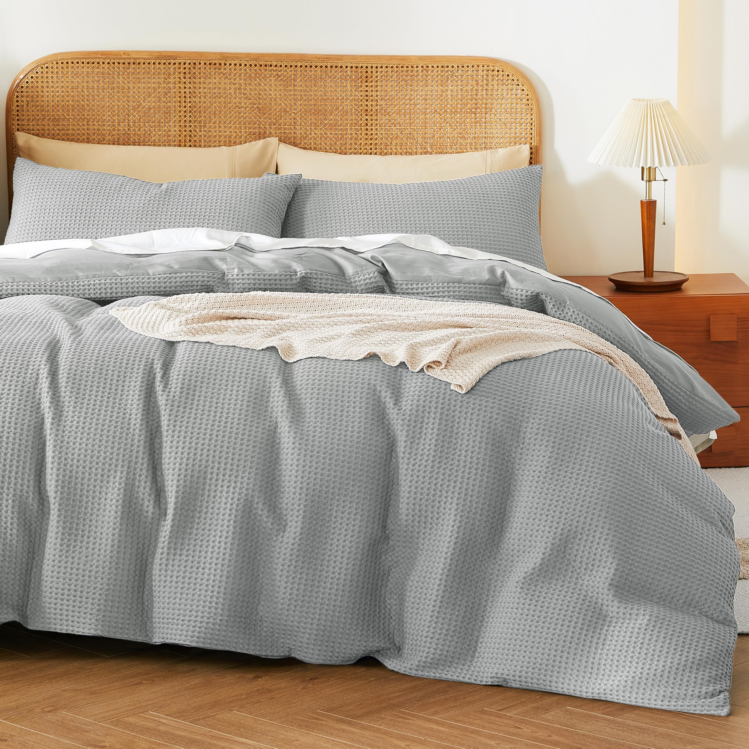 Photo 1 of 100% Egyptian Cotton Duvet Cover Set Twin Size, Waffle Weave Duvet Cover, 600 TC Soft Breathable Luxury Textured Bedding Set for All Season, 2 PCS, 1 Duvet Cover and 1 Pillowcase, Gray, 68" x 90"