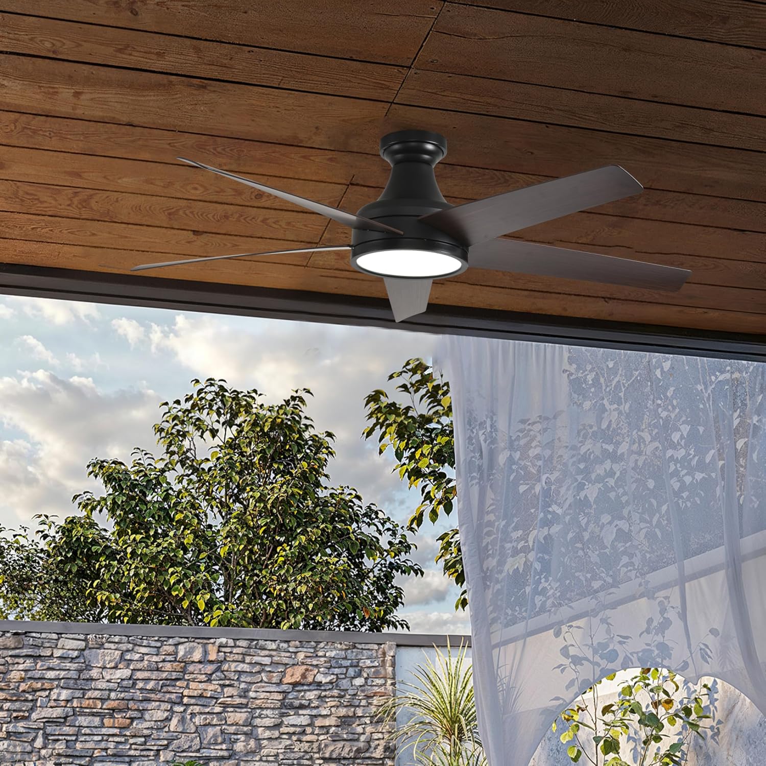 KASTLITE 52-Inch Low Profile Hugger Ceiling Fan with Light | Remote Control Flush Mount Indoor Fan Chandelier | 6CCT LED Lighting, Quiet DC Motor | Matte Black with Dark Walnut Blades, Windsor