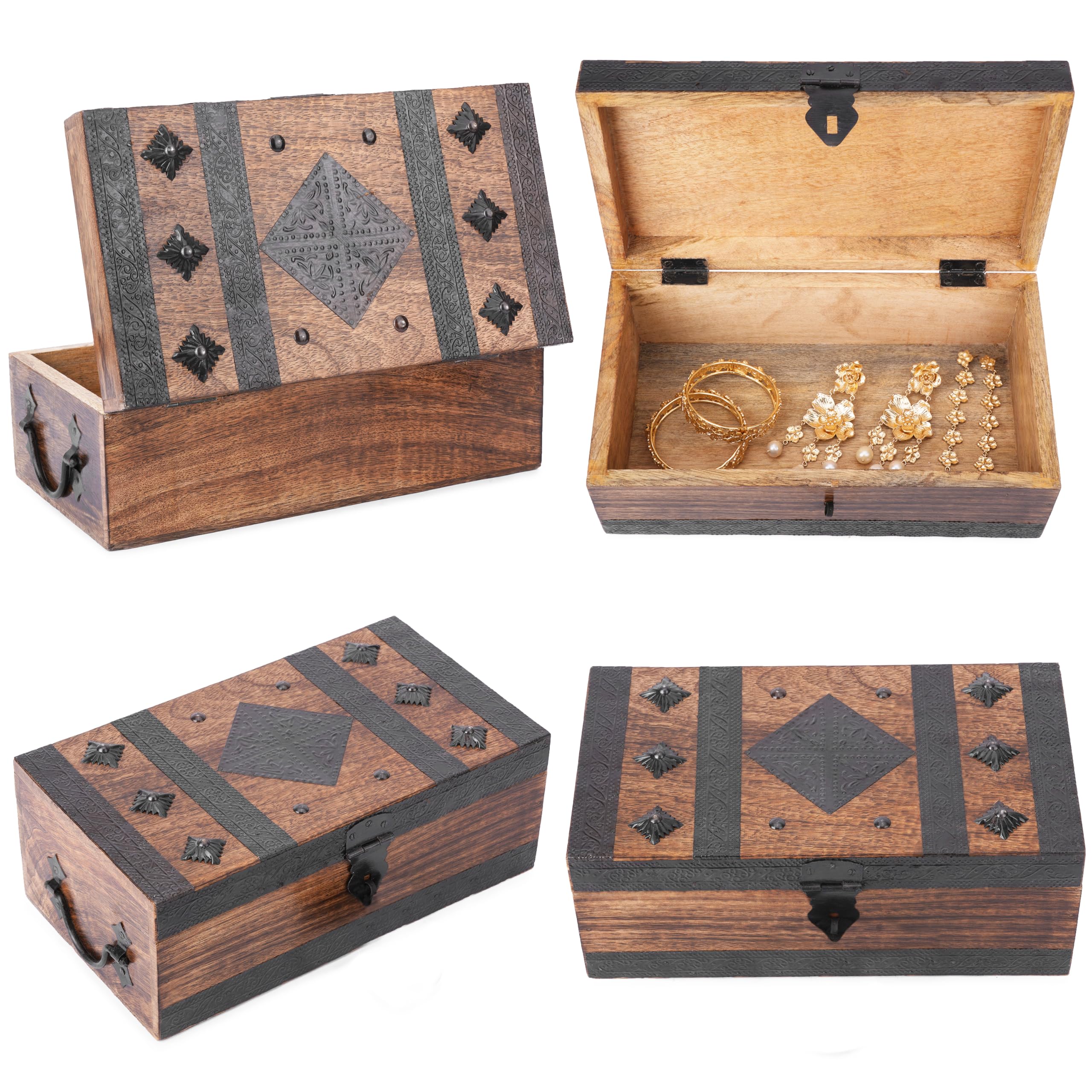 Ajuny Cofre del Tesoro Decorativo de Madera Hecho a mano de Caja de Almacenamiento de Joyas con Diseño de Tiras de Concha Soporte Multiusos para Recuerdos de Viaje Regalos - 11 x 6 pulgadas | Caja de almacenamiento decorativa para joyas, multiusos, recuer