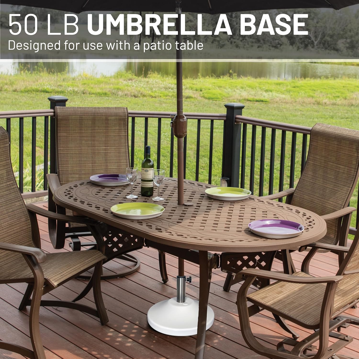 US Weight Premium 50 Pound Prefilled Umbrella Base for Patio Table - Heavy Duty Adjustable Umbrella Stand with Stainless Steel Stem for Outdoor Patio Umbrellas - Made in The USA - White