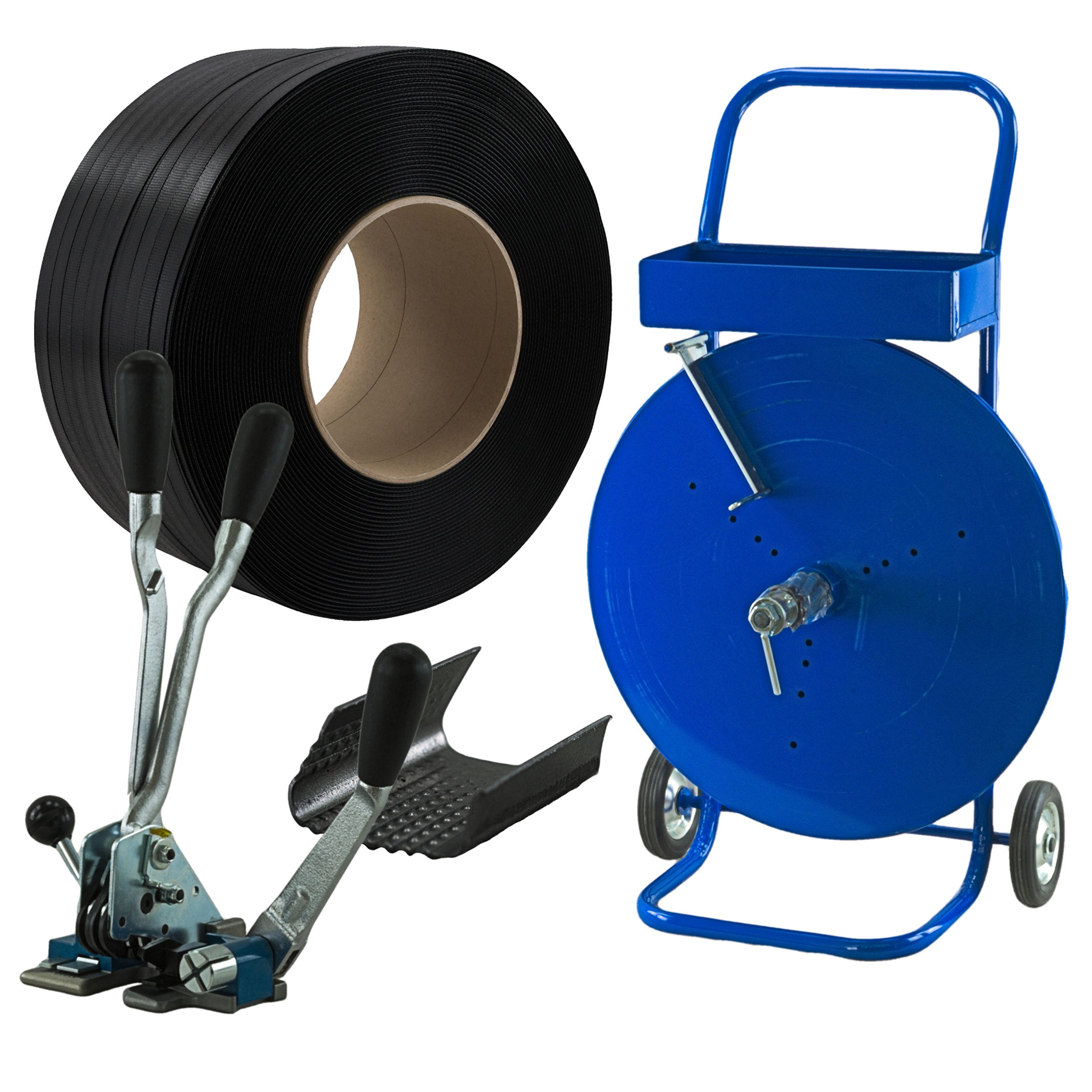 KK Verpackungen Umreifungsset 16 mm PP | 1 Rolle 2000 m Umreifungsband, Abrollwagen, Verschlussgerät, 100 Verschlusshülsen verzinkt | Spanngerät für PET/PP Band | Reißfestigkeit 215 kg