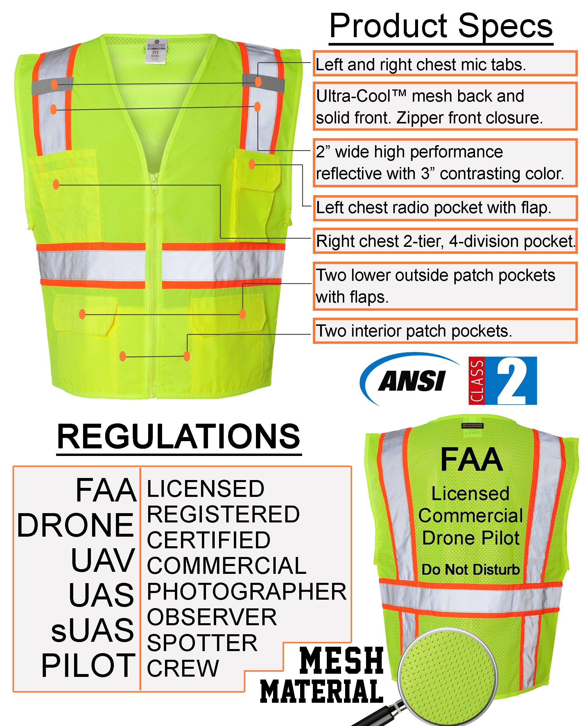 Custom Safety Reflective Mesh Vest with Zipper - Personalized Drone Pilot Vest