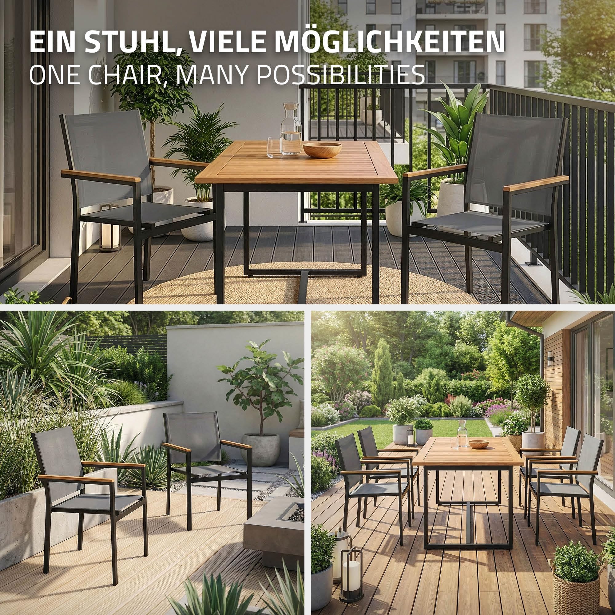 ML-Design Juego 2X Sillas de Jardín Gris Oscuro Asiento de Textilene para Terraza, Aspecto Madera y Estructura de Aluminio con Reposabrazos y Respaldo Mueble Apliable Resistente a la Intemperie