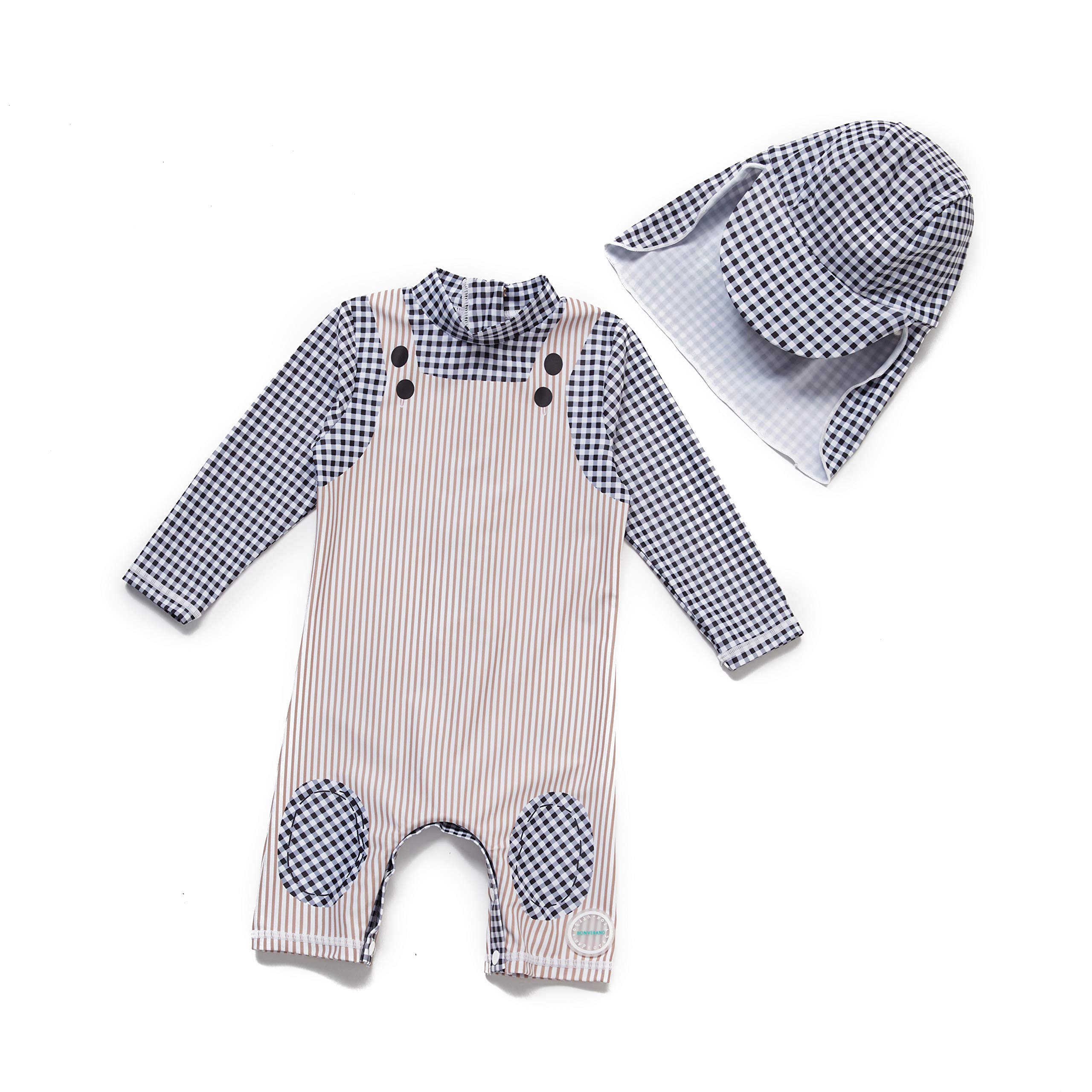 NALULU Baby Boy One-Piece Swimsuit UPF 50+ Sun Protection Fake Two Piece Zipper Buttons Sunsuits/Swimwear Rash Guard with Sun Cap, Grid, 3-6 Months