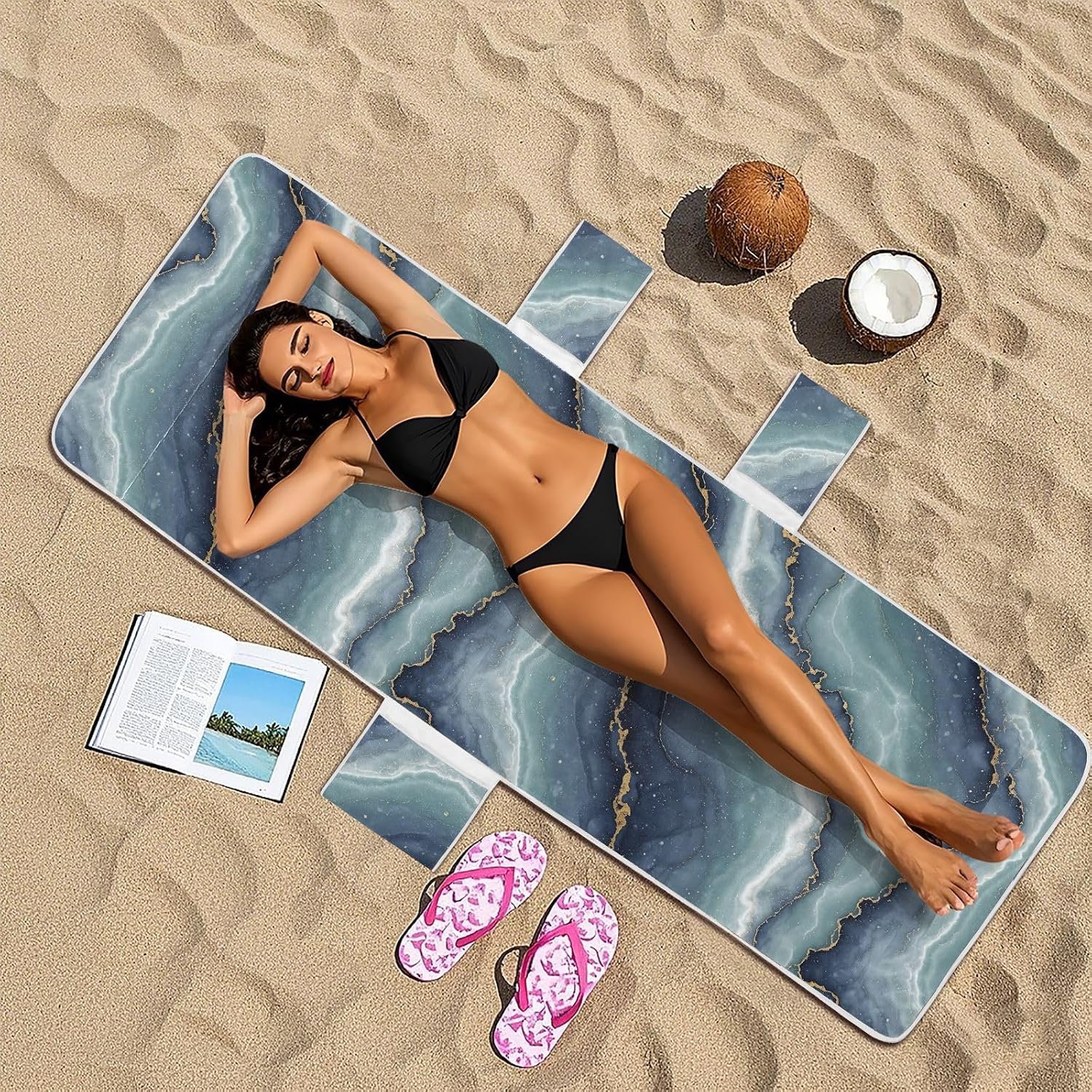 Marble Lounge Chair Towel Cover with Side Pockets – 85x30in Foldable Chaise Cover for Beach, Pool, Patio, Spa