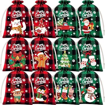 FLOE 72Pcs Burlap Christmas Drawstring Bags, 5x7in Buffalo Plaid Xmas Gift Bags Christmas Candy Bags Small Xmas Linen Treat Goody Bag Reusable Gifts Wrapping Bag Holiday Party Favors Sack