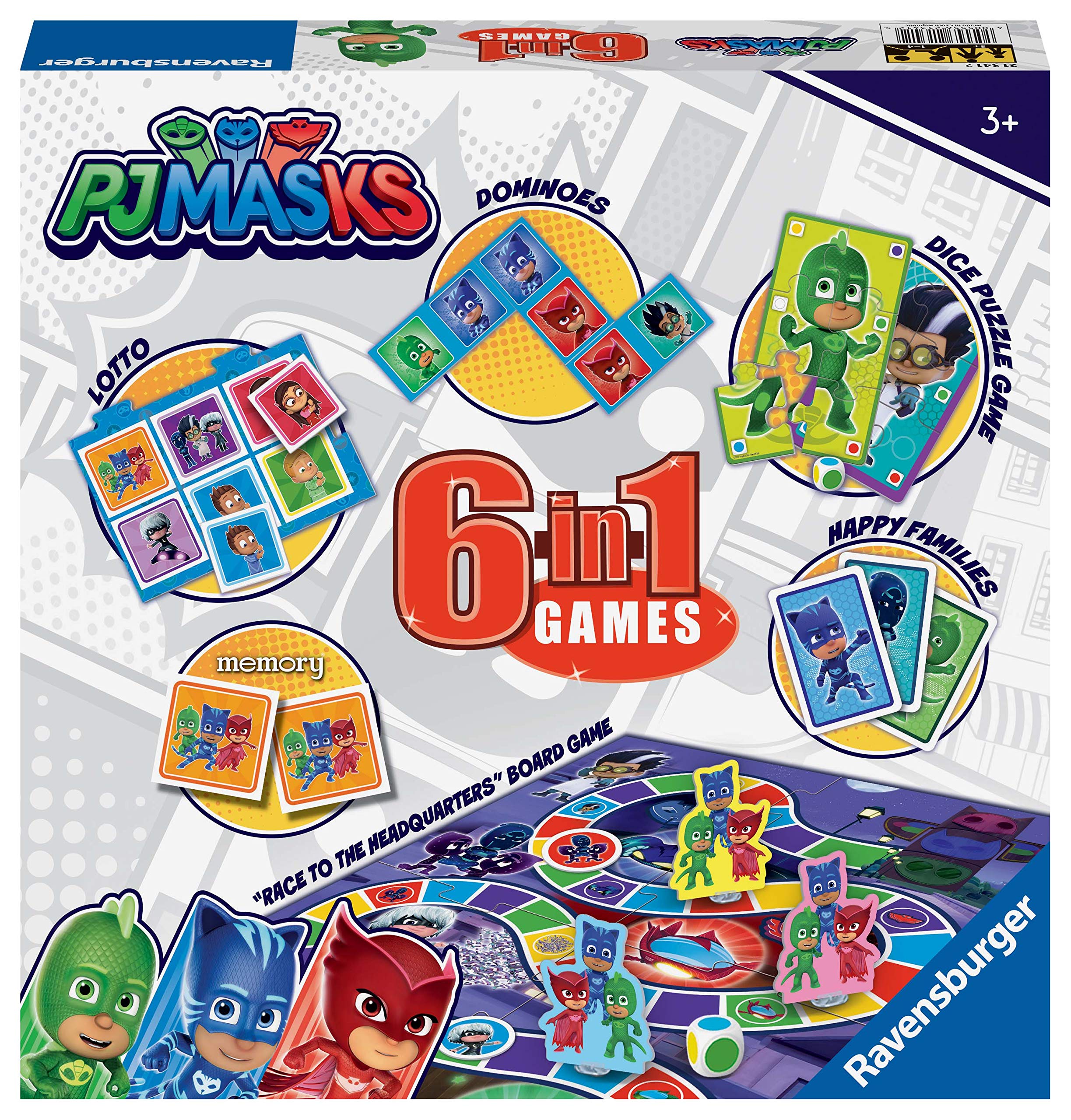 Ravensburger PJ Masks - Compendio 6 in 1 per bambini e famiglie dai 3 anni in su, Bingo, Domino, Serpenti e Scale, Dama e Carte da Gioco e Gioco di Memoria