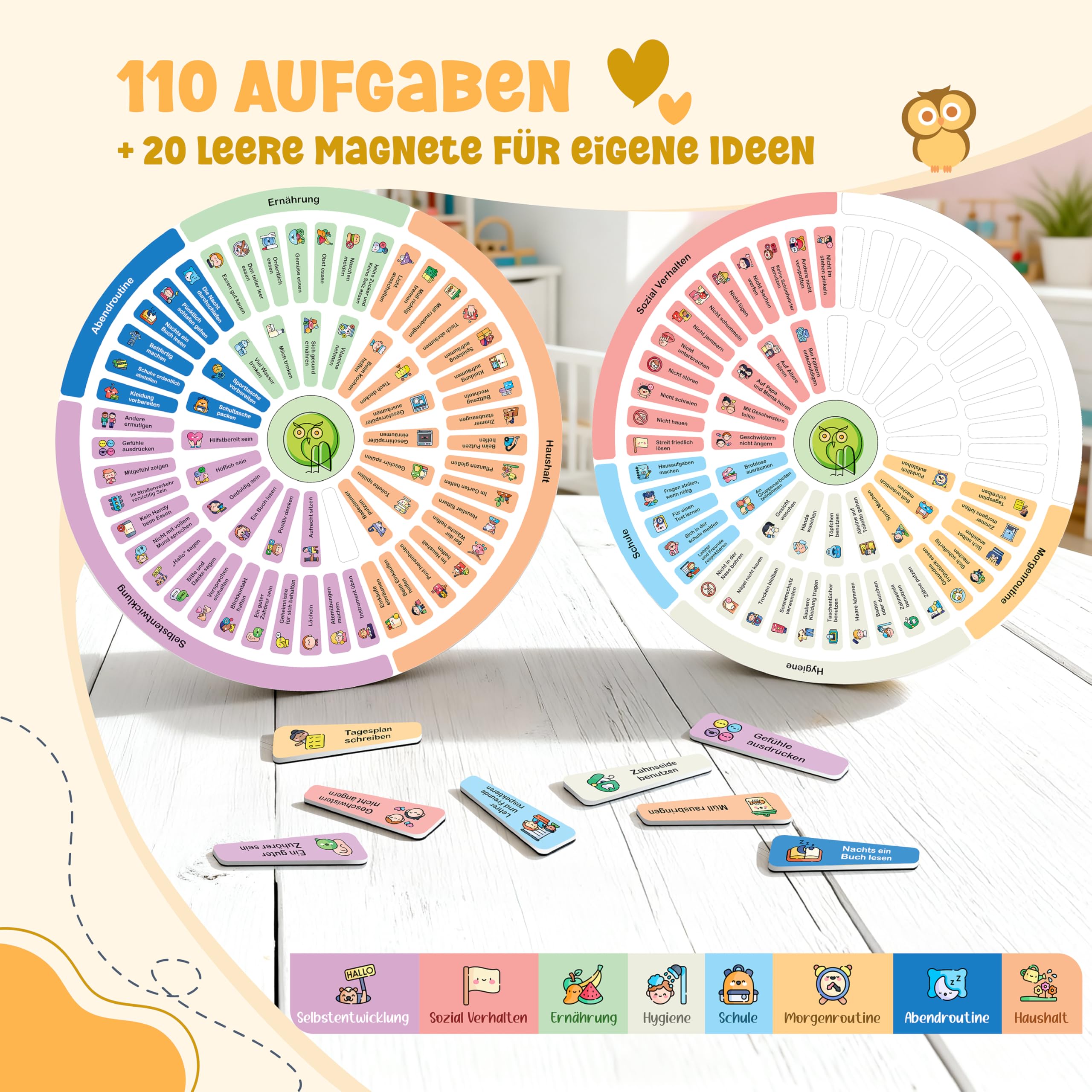 Belohnungstafel für Kinder - [110+20 Aufgaben - 480 Gefühle & Stern-Magnete] - Montessori Magnettafel für Emotionen, Verhalten, Verantwortung & Selbstständigkeit, Tasche, 3 Stifte