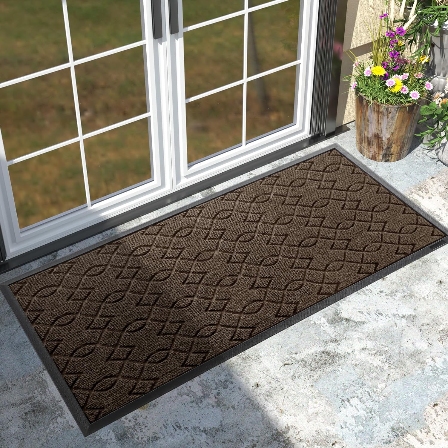 Yimobra Front Door Mat Outside Entrance, 47x24 All-Season Waterproof Welcome Matt Outdoor, All-Weather Non-Slip Doormat, Porch Patio Indoor Entrance Mat, Brown