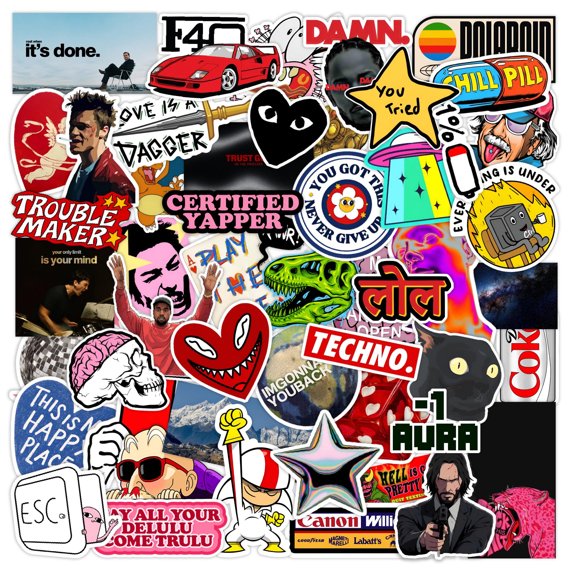 CodersParadise Assorted Vinyl Stickers Pack of 54, Random Decorative Decals for Laptop, Water Bottle, Phone Case, Journal, Notebook, Scrapbook, Luggage, Helmet, Bike and DIY Craft Supplies