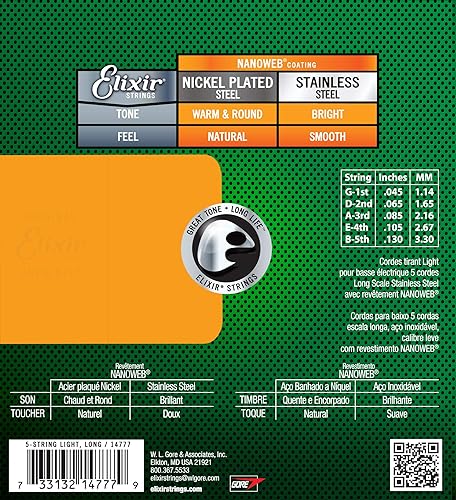 Miniatura 10 de Elixir Cuerdas de acero inoxidable de 5 cuerdas para bajo con revestimiento NANOWEB, escala larga, ligeramediana (.045-.135)
