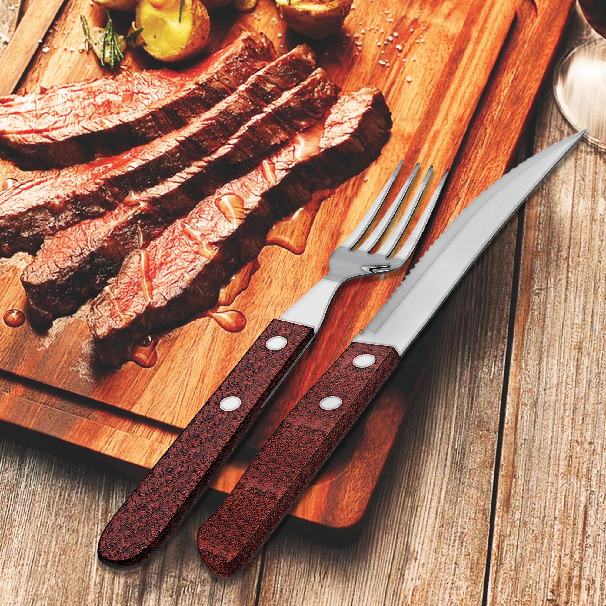 Posate da bistecca acciaio inox legno 12 pezzi con 6 pezzi di coltelli da bistecca e 6 pezzi di forchette da bistecca